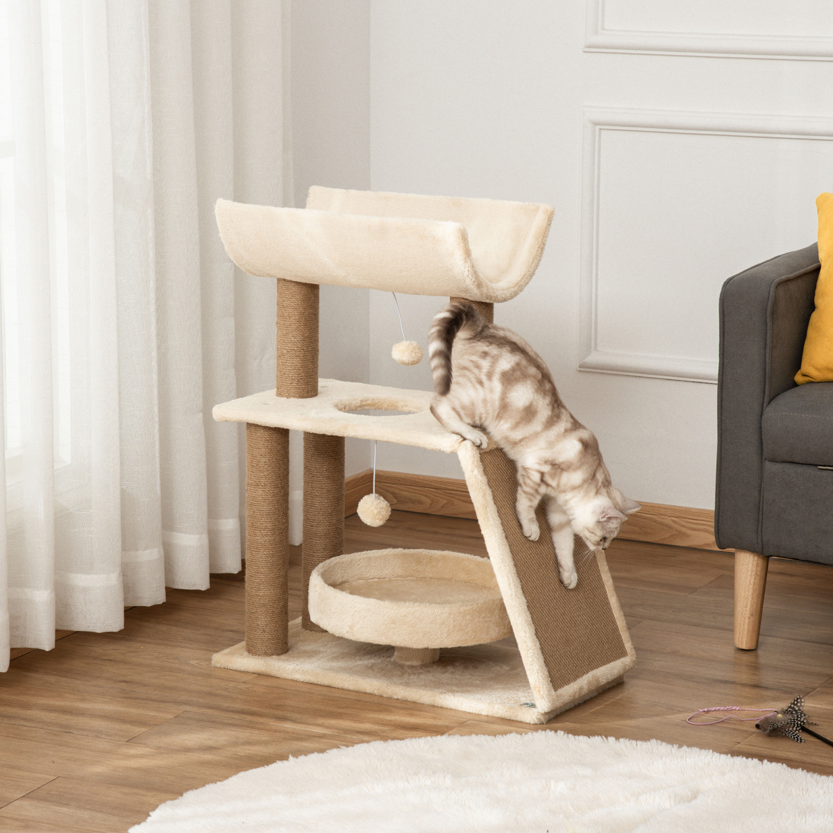 PawHut Cat Tree Kitten Tower with Scratching Post, Jute Pad, Plush Bed, U-Shape Perch & Dangling Toy Balls