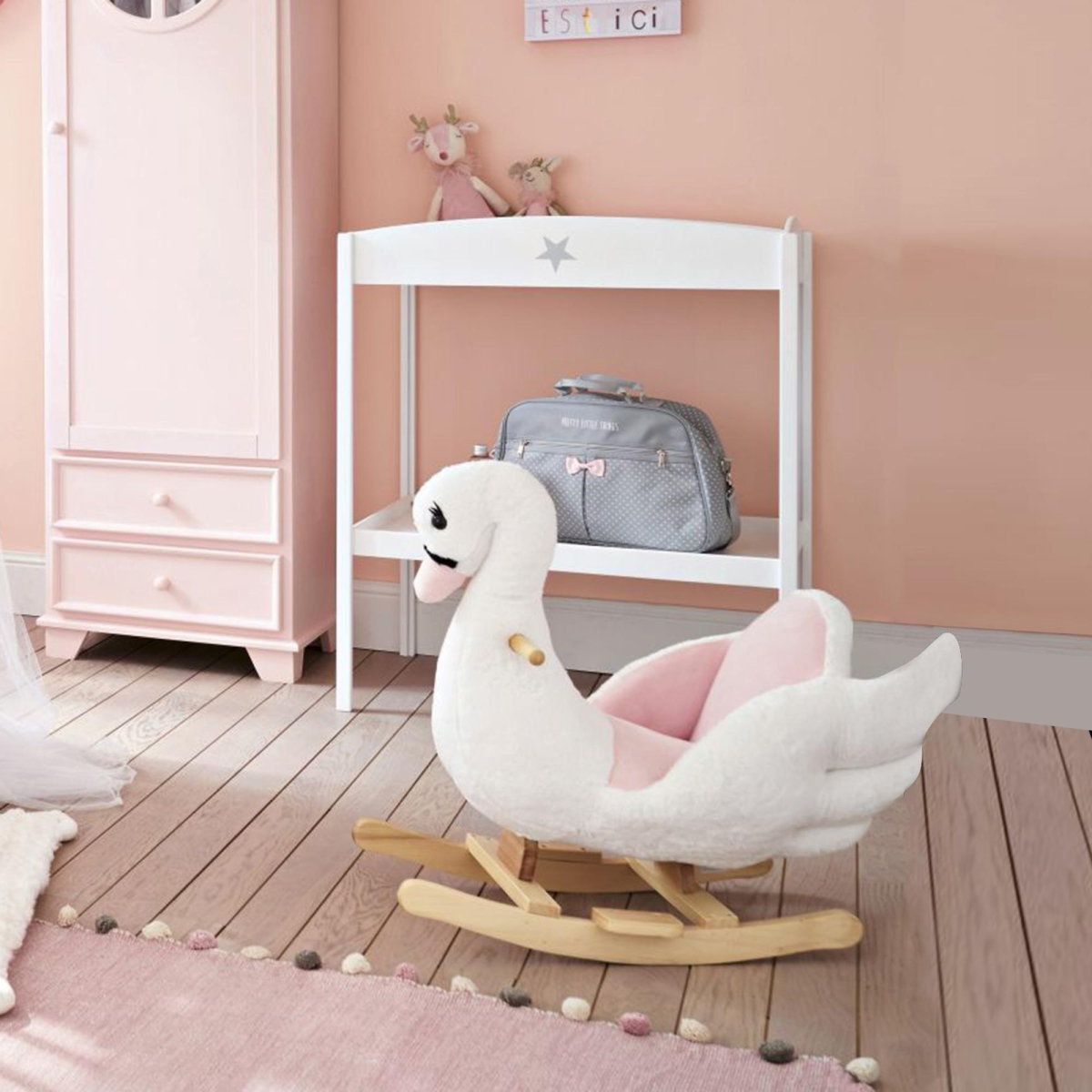 HOMCOM Kids Ride-On Rocking Swan with Music and Safety Seat – Plush Toddler Rocker, 18 Months+