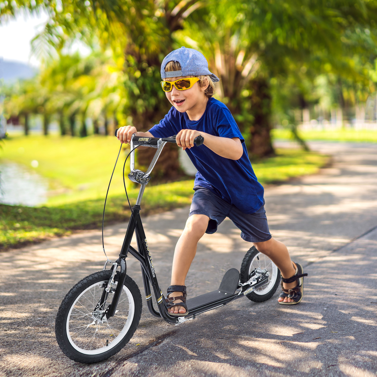 HOMCOM Teen Scooter with Adjustable Height, Dual Brakes, Big Rubber Wheels & Kickstand – Ages 5+