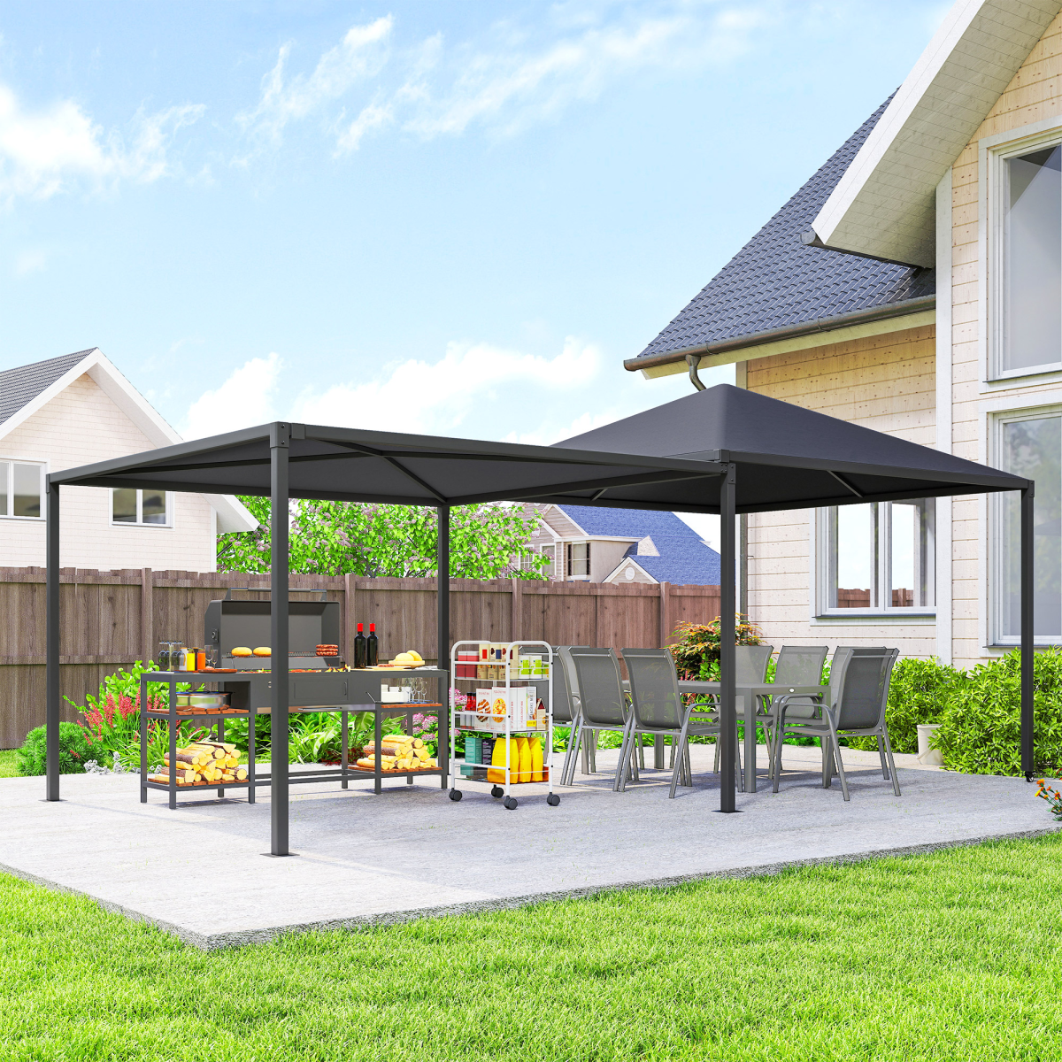Outsunny 3 x 3m Garden Gazebo with Extendable Awning, Wheels & UPF30+ Canopy – Patio Shelter, Dark Grey