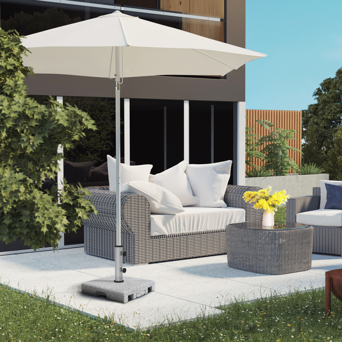 Outsunny 28kg Granite Parasol Base with Wheels and Retractable Handle – Fits 32–48mm Poles, Grey
