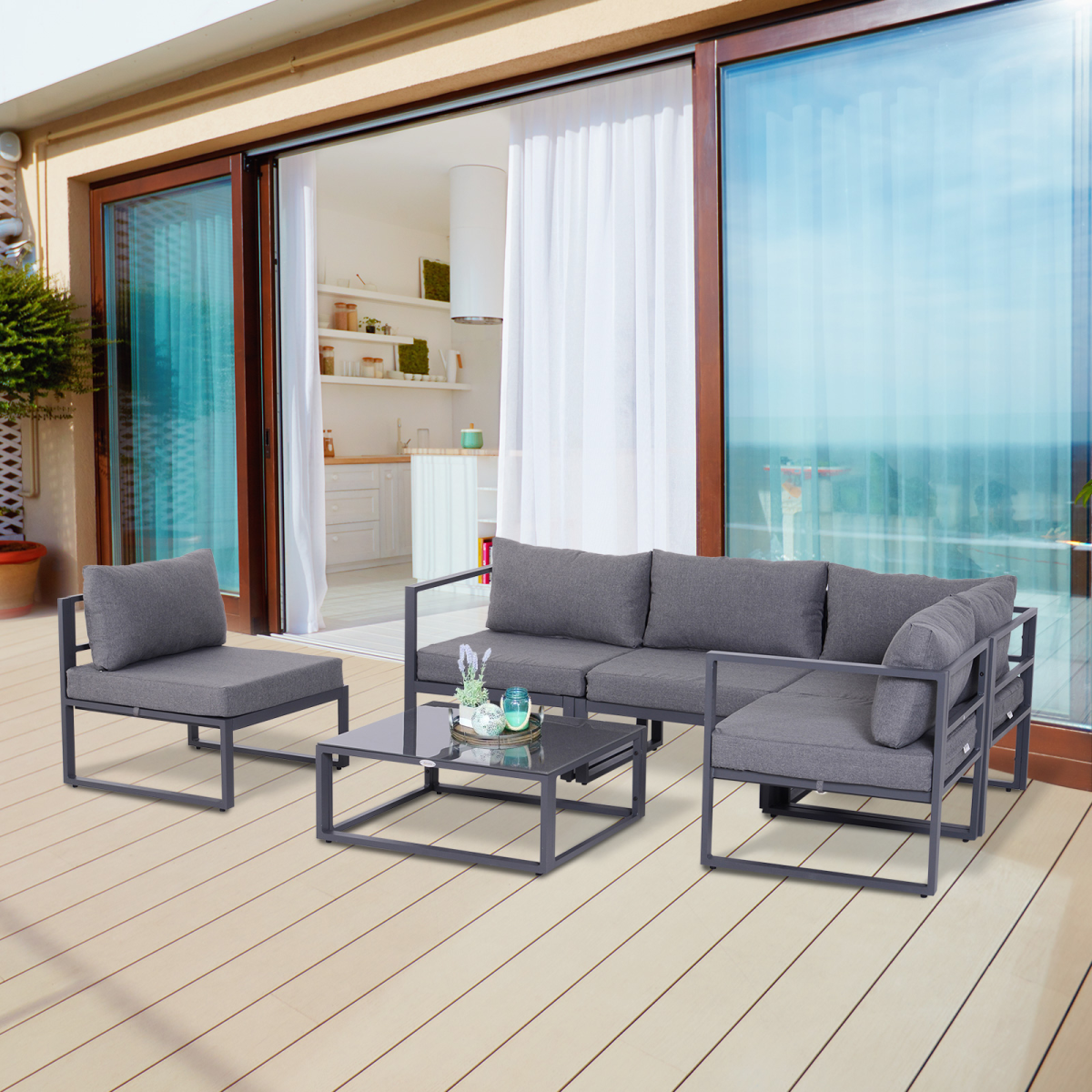 Outsunny sectional sofa set arranged in a garden setting