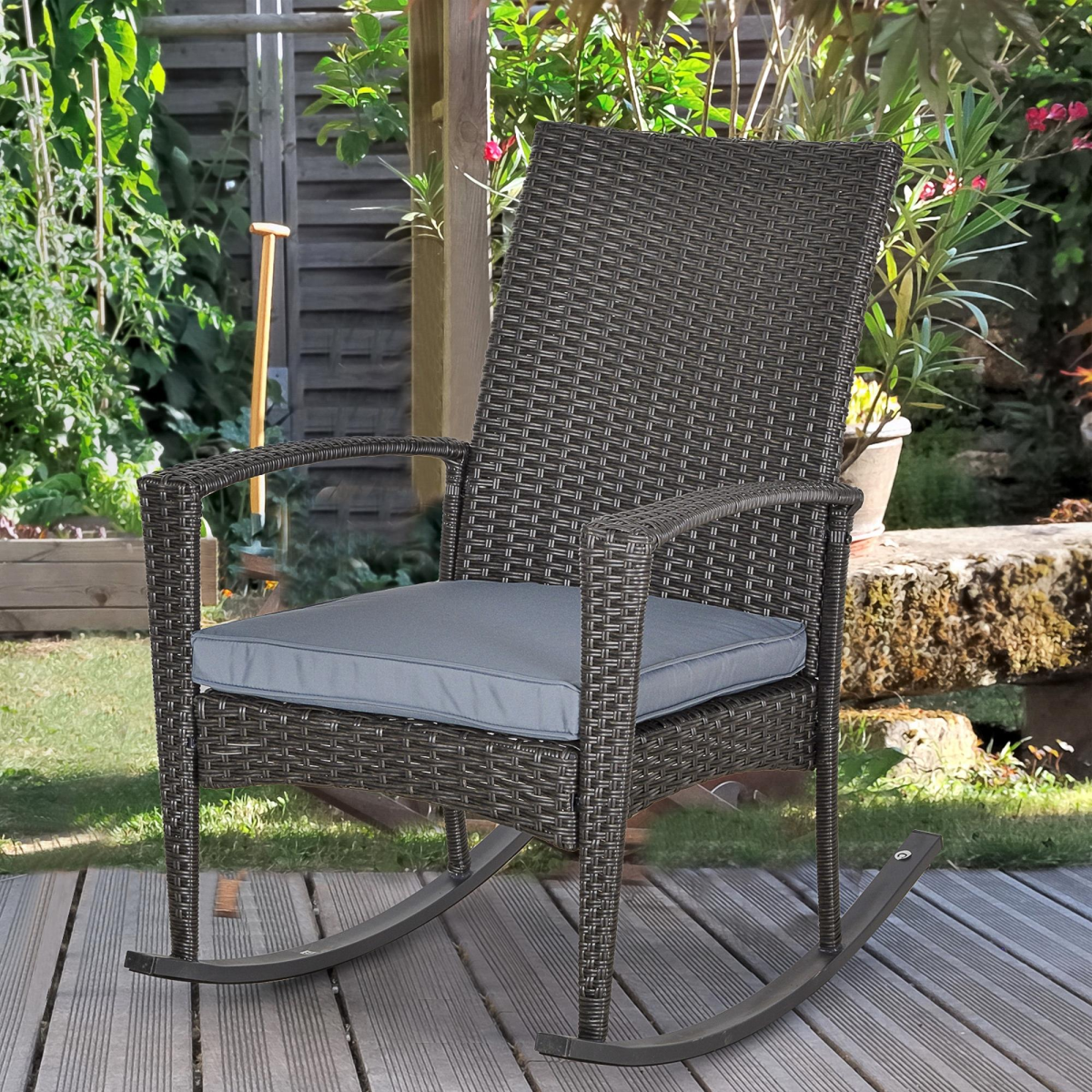Outsunny PE Rattan Rocking Chair with Padded Cushion & Steel Frame – Outdoor Garden Seating, Grey