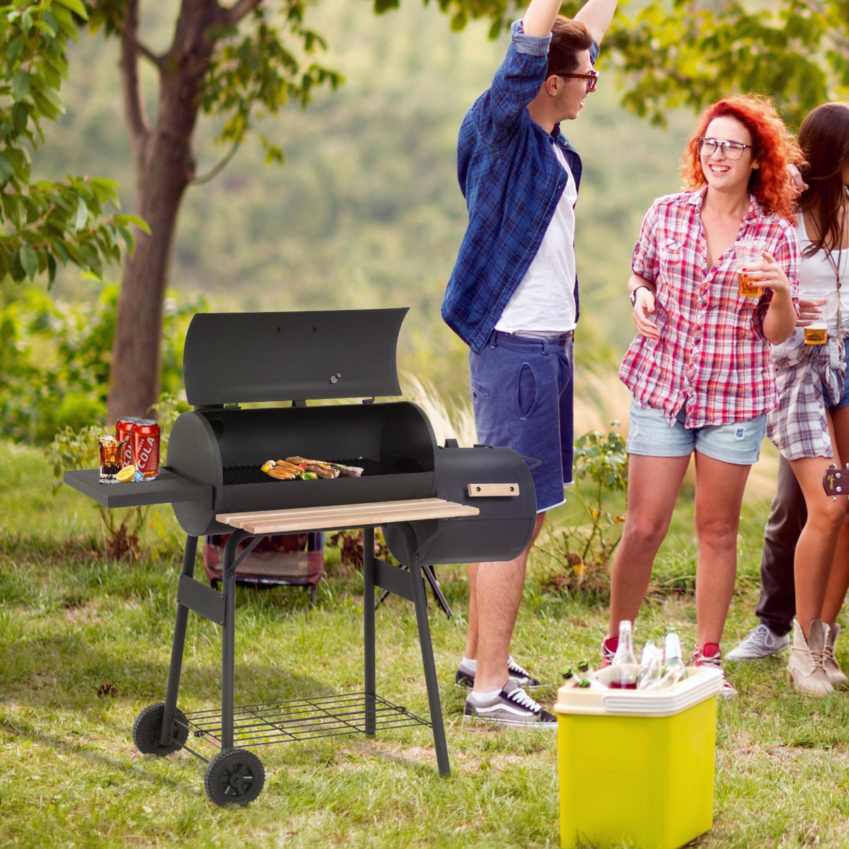 Outsunny Charcoal BBQ Grill with Offset Smoker, Lid Thermometer, Shelves & Wheels – Portable Steel Garden Barbecue