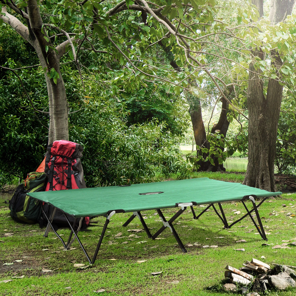 Outsunny Double Camping Cot with Carry Bag, 136kg Capacity – Folding Two-Person Camp Bed, Green