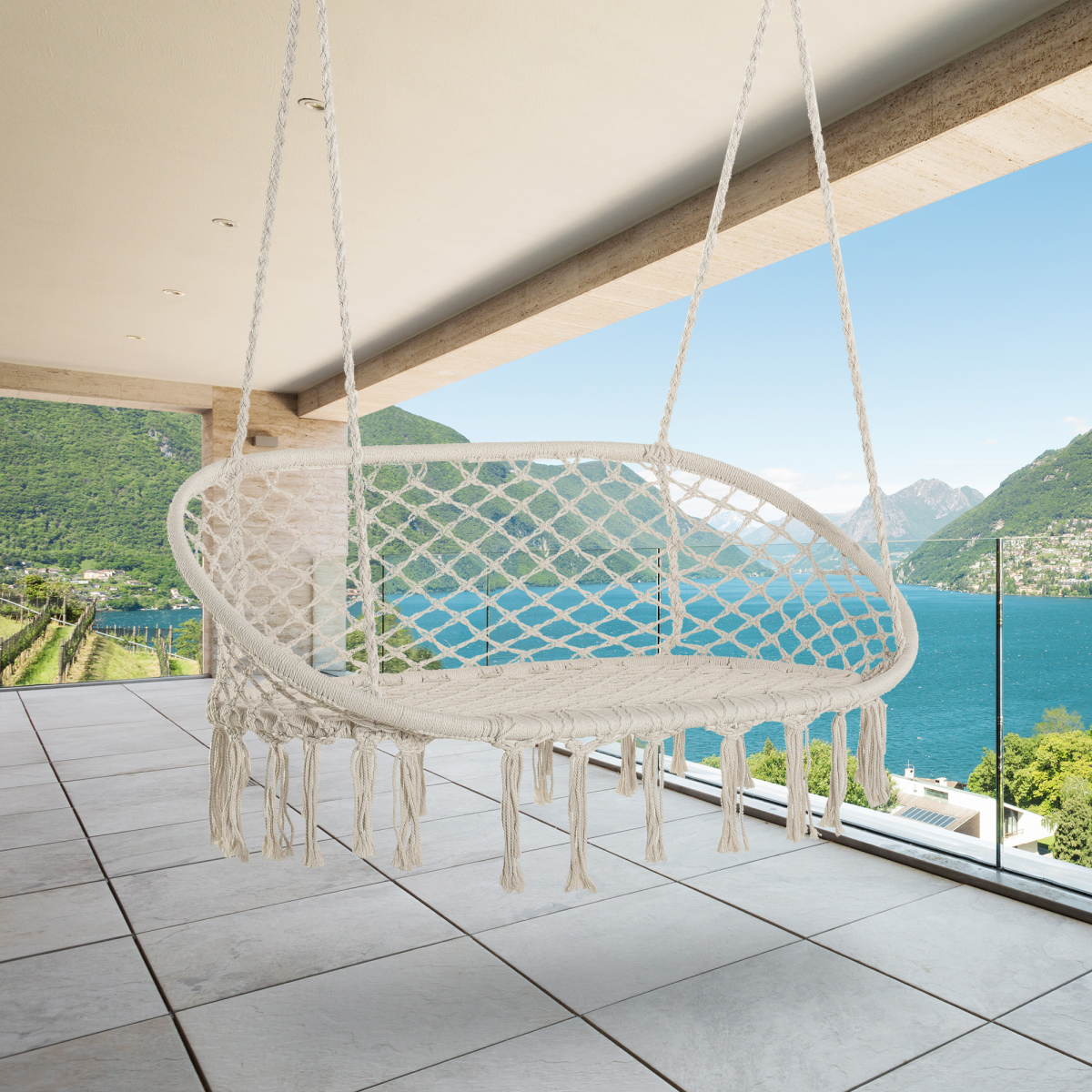Outsunny Large Macramé Hanging Hammock Chair with Metal Frame – Two-Seater Indoor & Garden Swing, Cream White