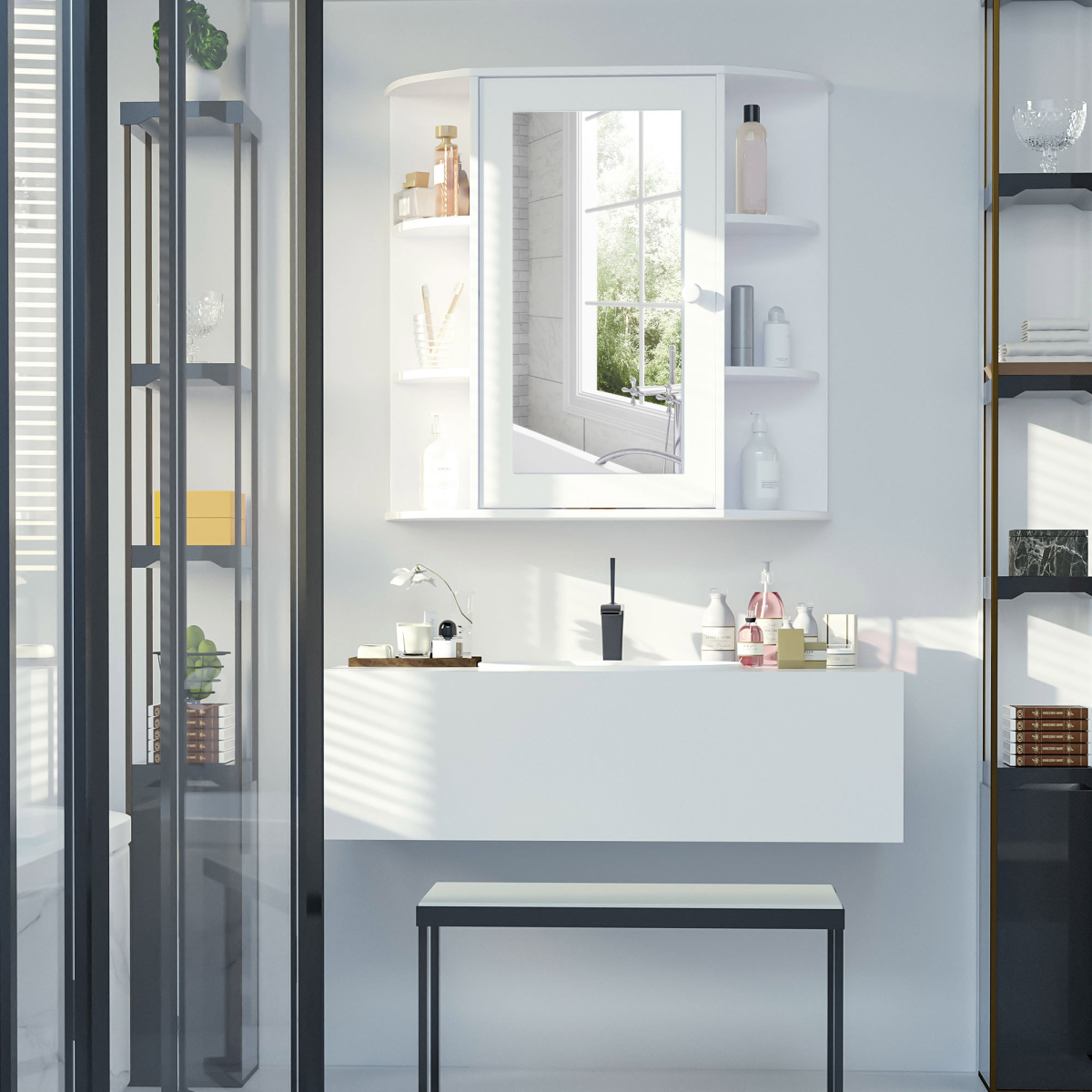 HOMCOM Wall-Mounted Bathroom Mirror Cabinet with Open Side Shelves – Spacious Family Storage