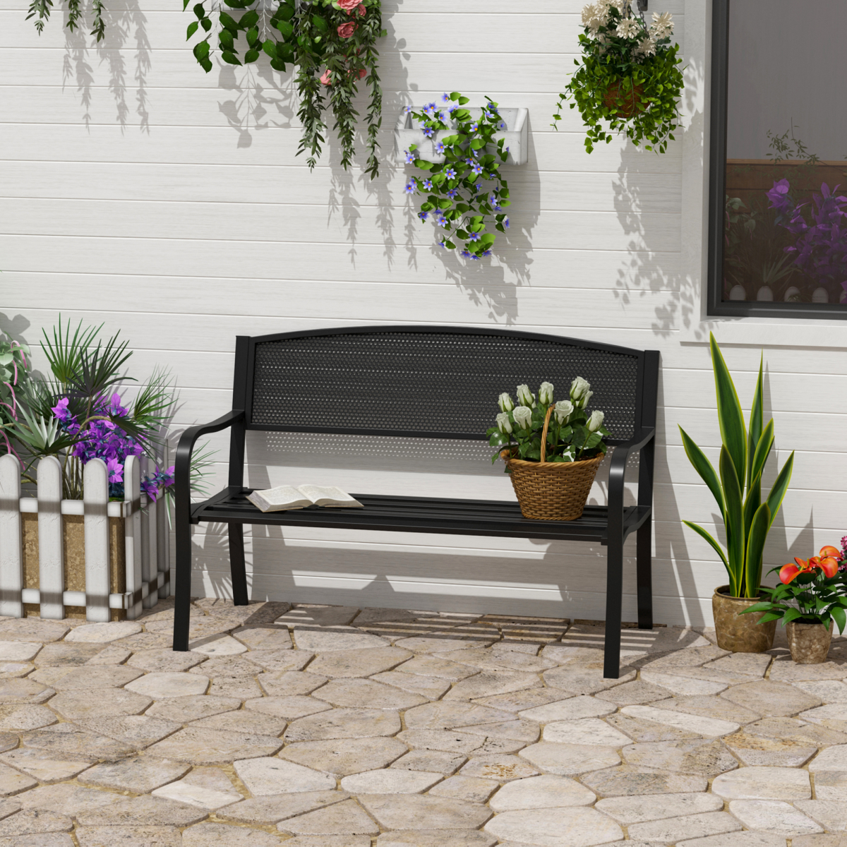 Outsunny 2-Seater Steel Garden Bench with Cast Iron Backrest & Anti-Skid Foot Pads – Antique Style, Black