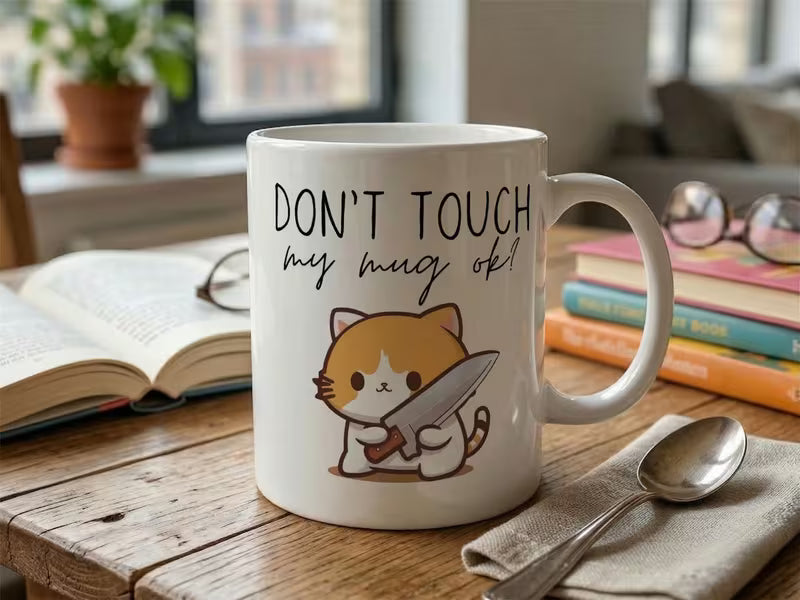Don't Touch My Mug OK Cat with Knife Ceramic Coffee Mug – 320ml, White