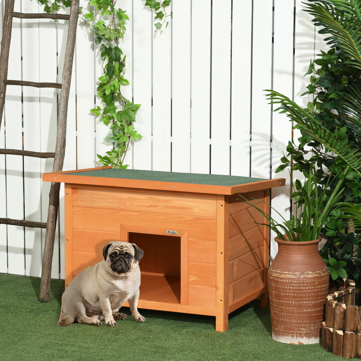PawHut 82cm Wooden Dog Kennel with Opening Roof – Waterproof Outdoor Garden Shelter for X-Small Dogs