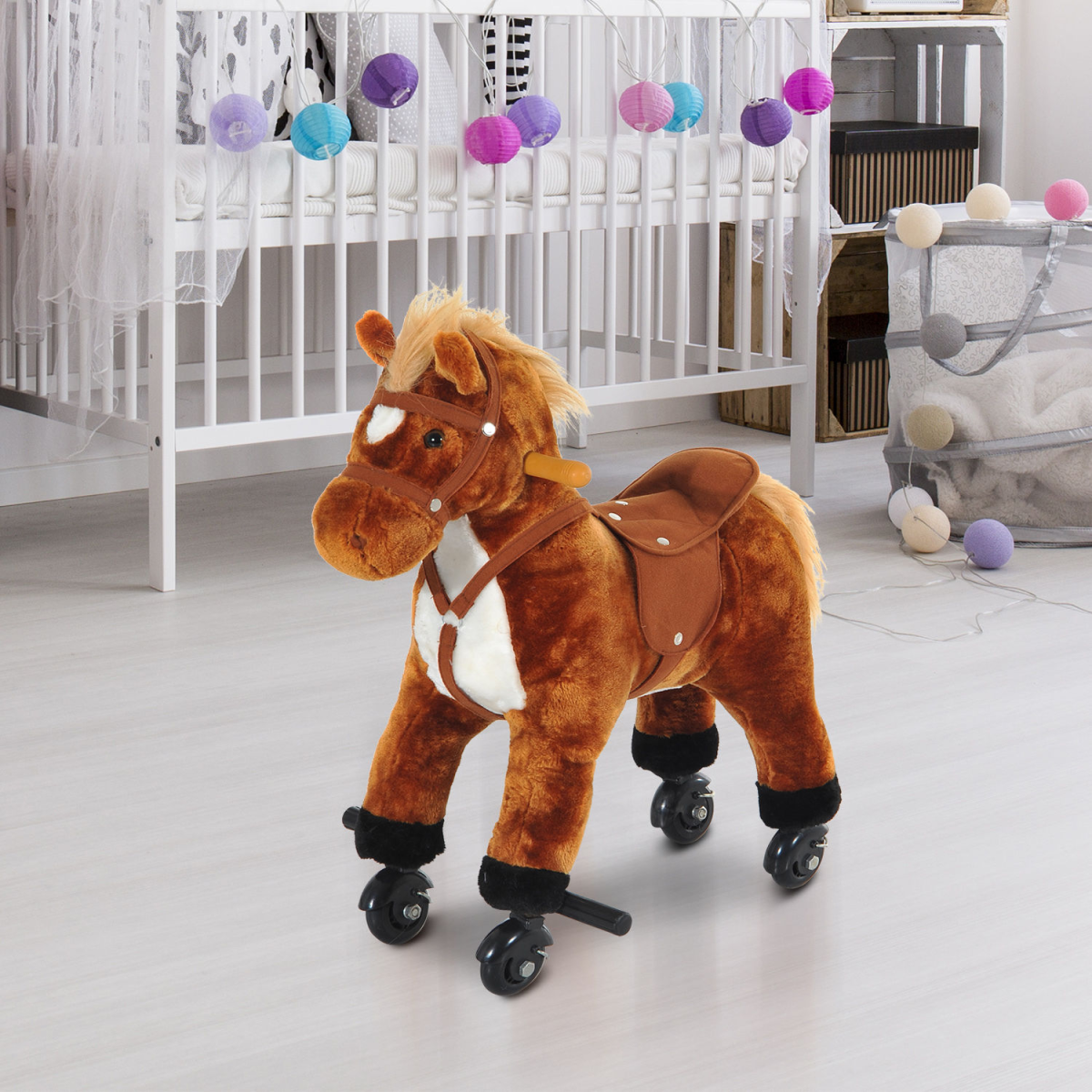 HOMCOM Rocking Horse Ride-On with Sounds, Plush Body and Rolling Wheels – Kids Toy for Ages 3+