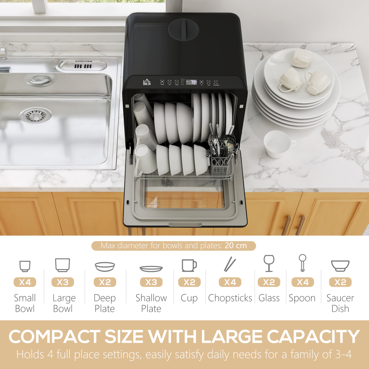 Compact Countertop Dishwasher with 5 Wash Programmes, 4 Place Settings & LED Display – Black