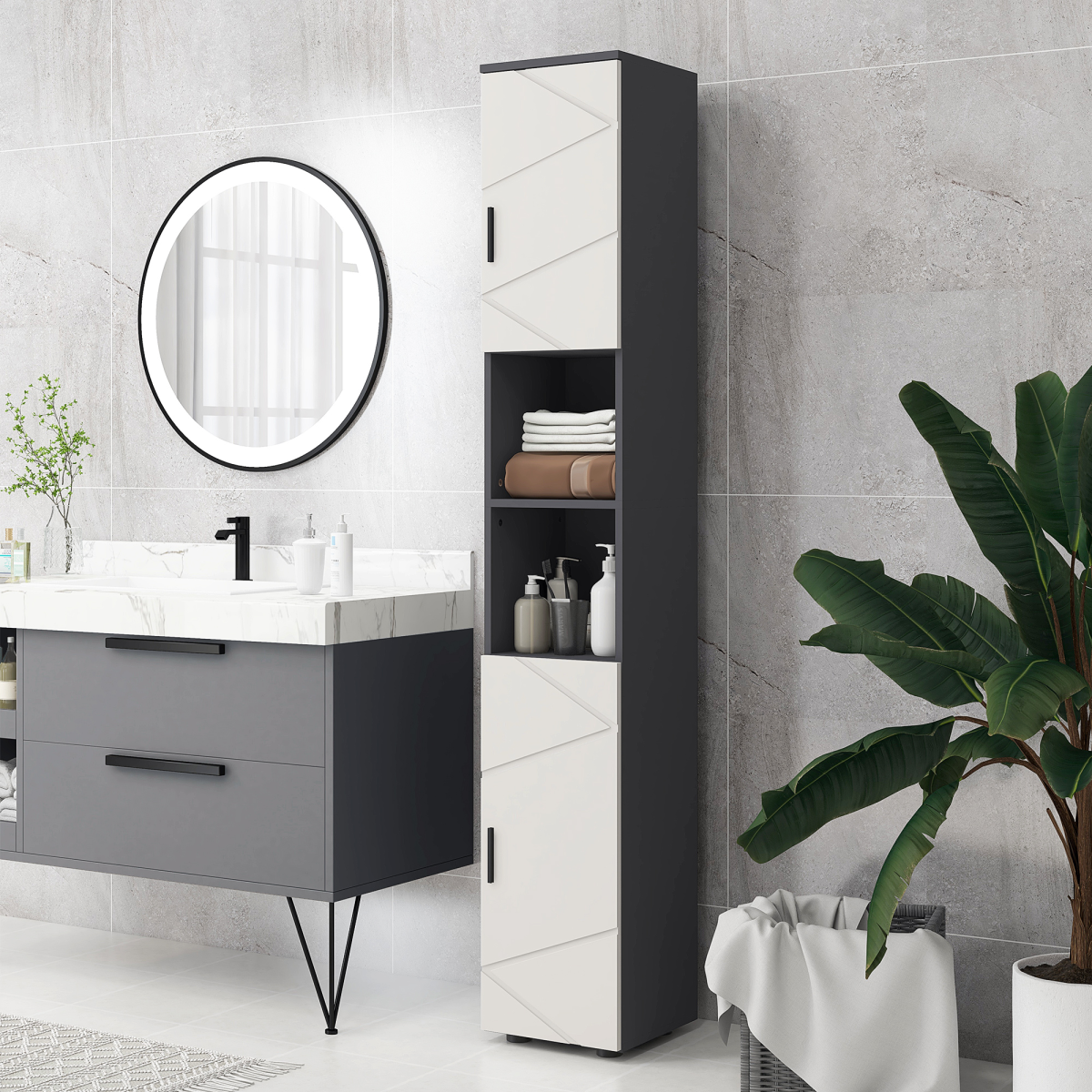 kleankin Tall Slim Bathroom Cabinet with Soft Close Doors – Geometric Panel Storage Unit