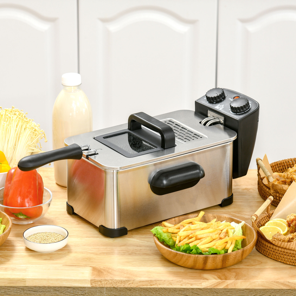 HOMCOM 3L Deep Fat Fryer with Adjustable Temperature & 60-Min Timer, Viewing Window – 2000W