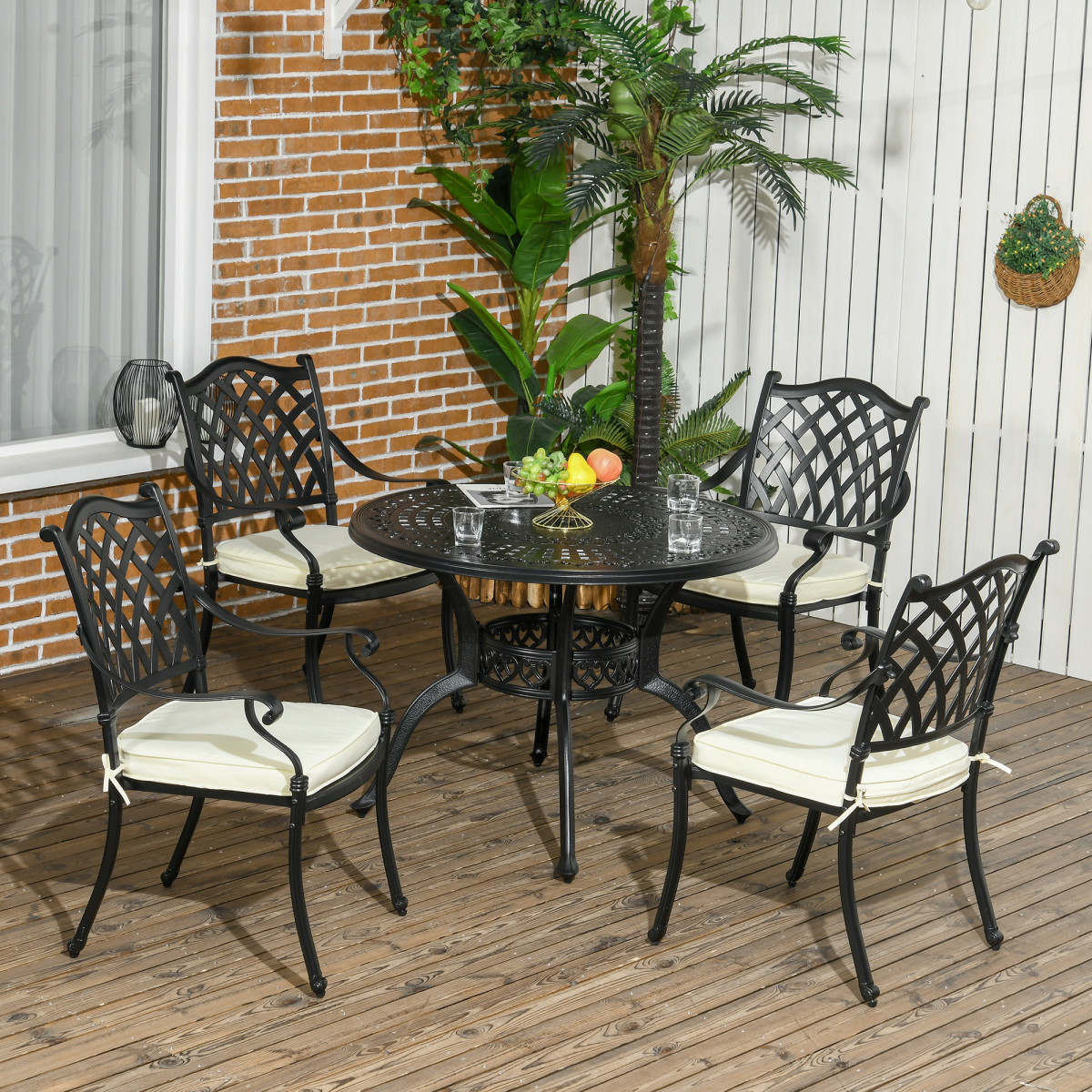 Outsunny 4 Seater Cast Aluminium Dining Set with Round Table, 50mm Parasol Hole & Cushions – Garden Patio, Black & Cream