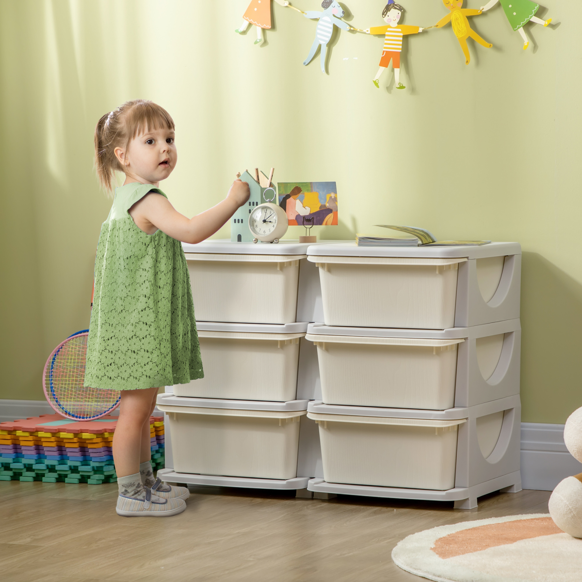 HOMCOM Kids Storage Unit with Six Drawers – Vertical Toy Box Dresser for Bedroom & Playroom, Cream
