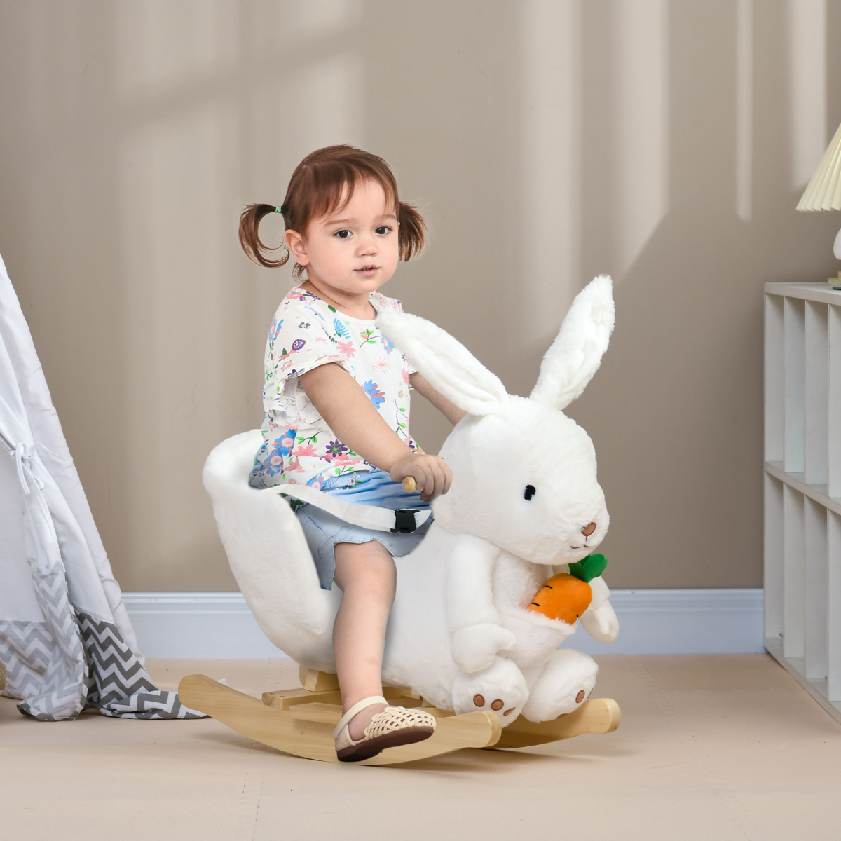HOMCOM Kids Rabbit Rocking Horse with Realistic Sounds and Safety Belt – Poplar Wood Rocker, White
