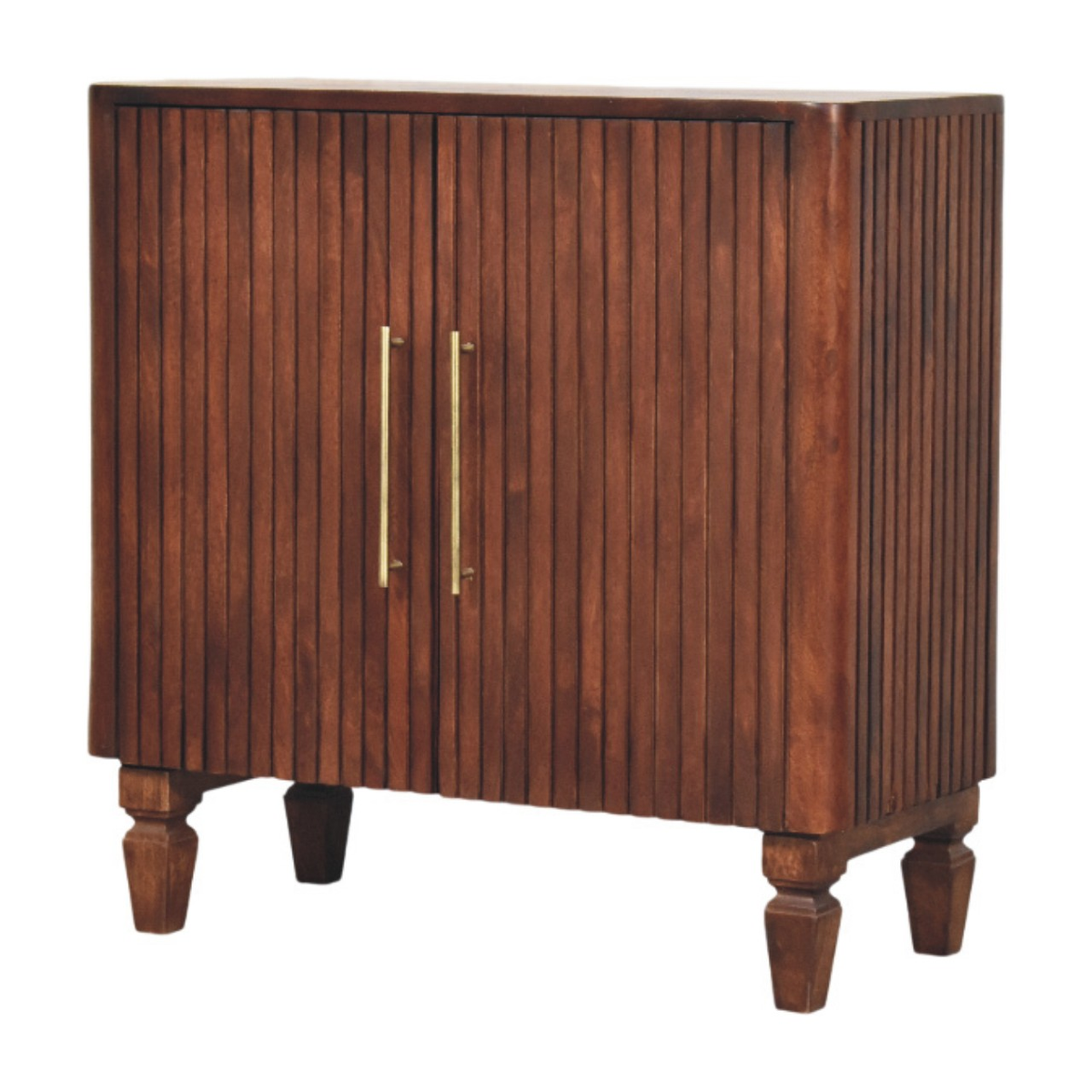Artisan Furniture Cavallo Solid Mango Wood Cabinet with 2 Doors & Fluted Detailing – Brass Handles, Winewood Oak
