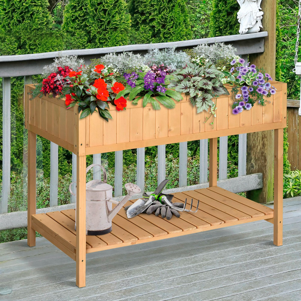 Outsunny Raised Wooden Planter with 8 Compartments & Storage Shelf – Fir Wood Garden Herb Bed, Oak Tone