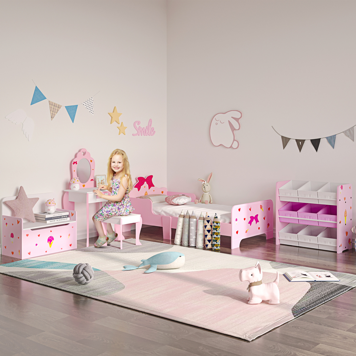ZONEKIZ Kids Vanity Set with Mirror, Drawer, Cute Patterns, for Girls – Pink