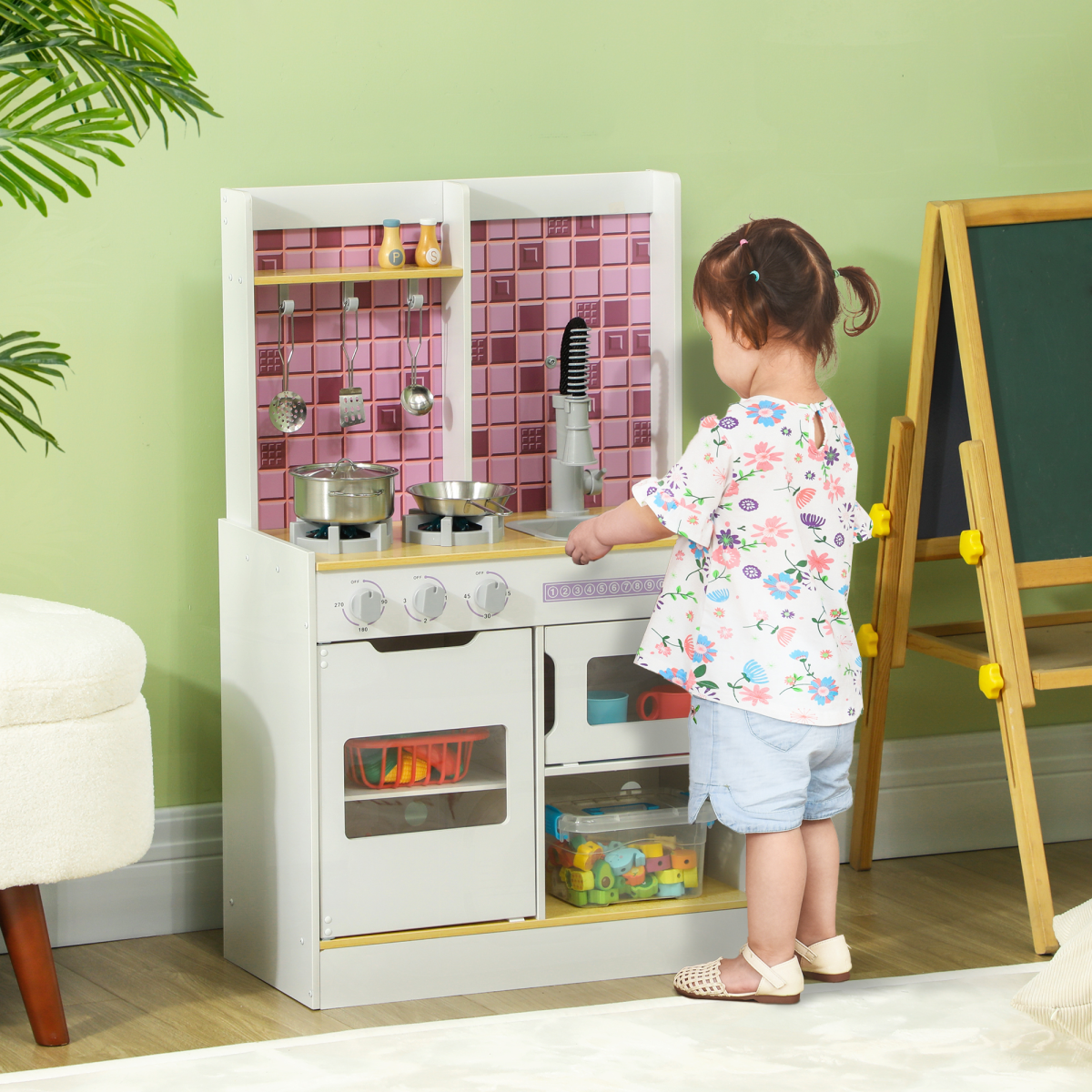 AIYAPLAY Kids Play Kitchen with Light & Sound Stove, Oven, Sink & Storage – Role Play Cooking Set, White