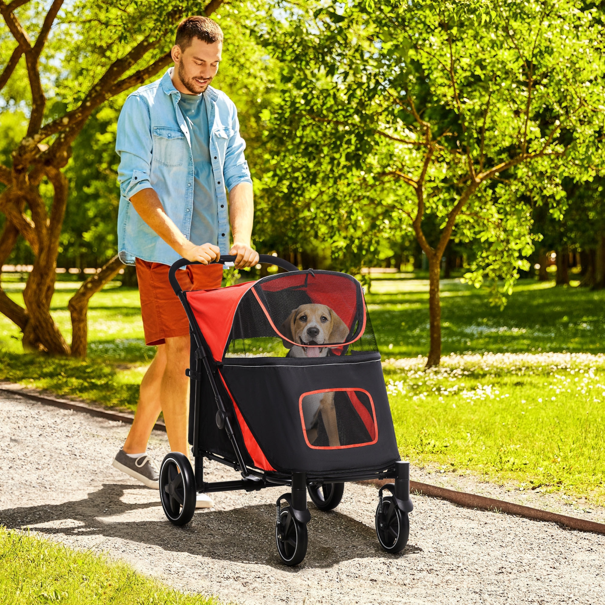 PawHut Foldable Dog Stroller with Universal Wheels and Shock Absorbers – One-Click Fold Pet Pram, Red