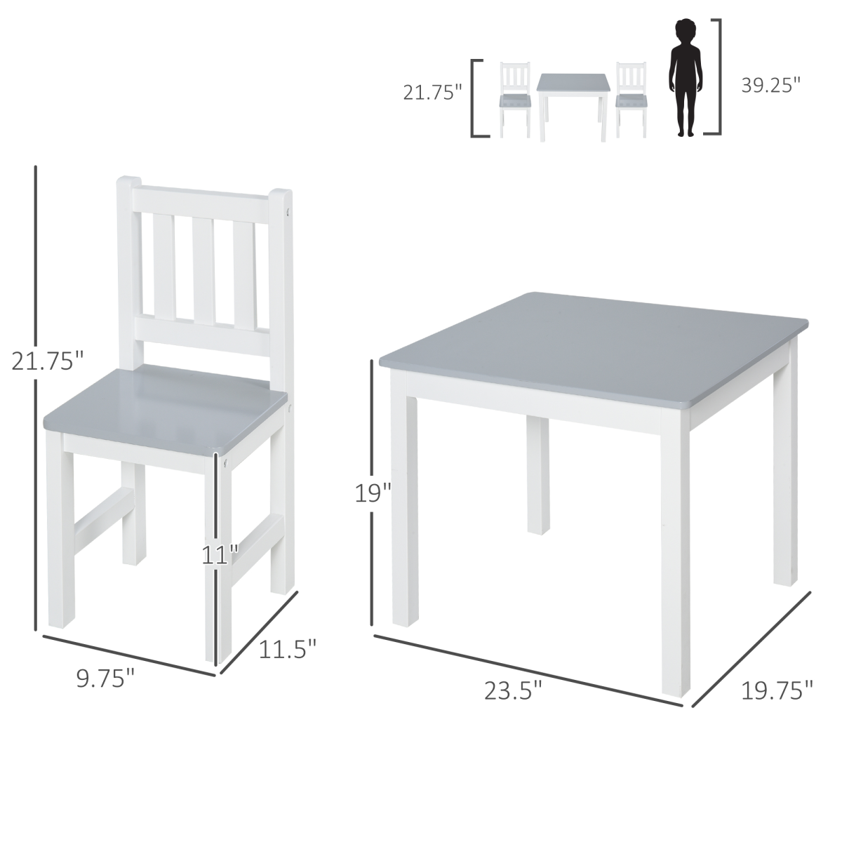 Kids Table and Chair Set, 3-Piece Wooden Table with 2 Chairs – Playroom Furniture for Ages 3+, Grey and White
