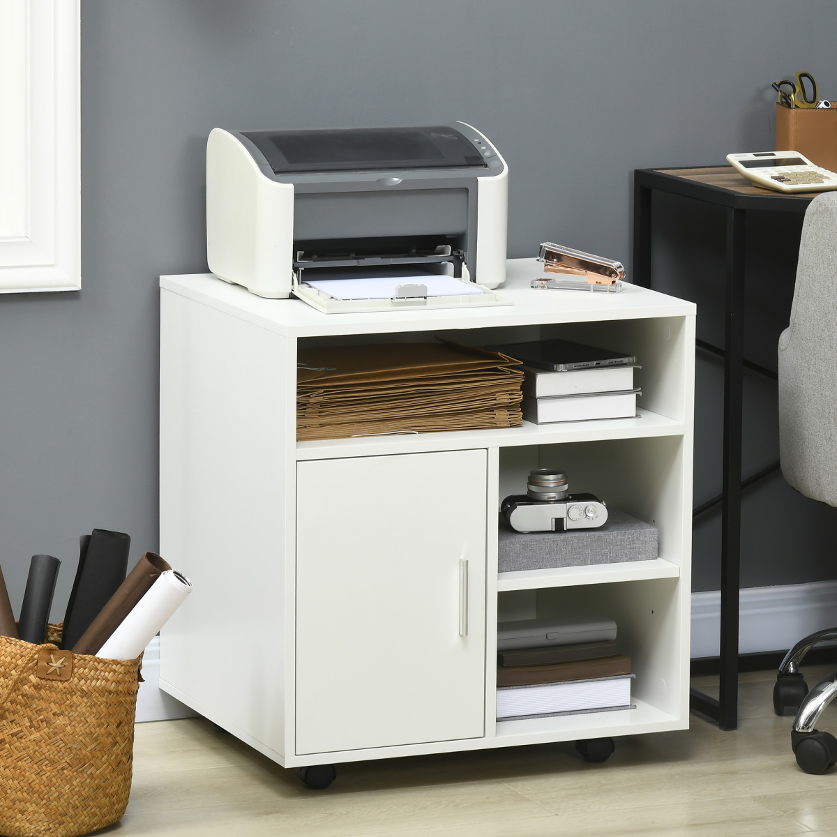 HOMCOM Multi-Storage Printer Unit with 5 Compartments and Lockable Wheels – Mobile Office Organiser, White