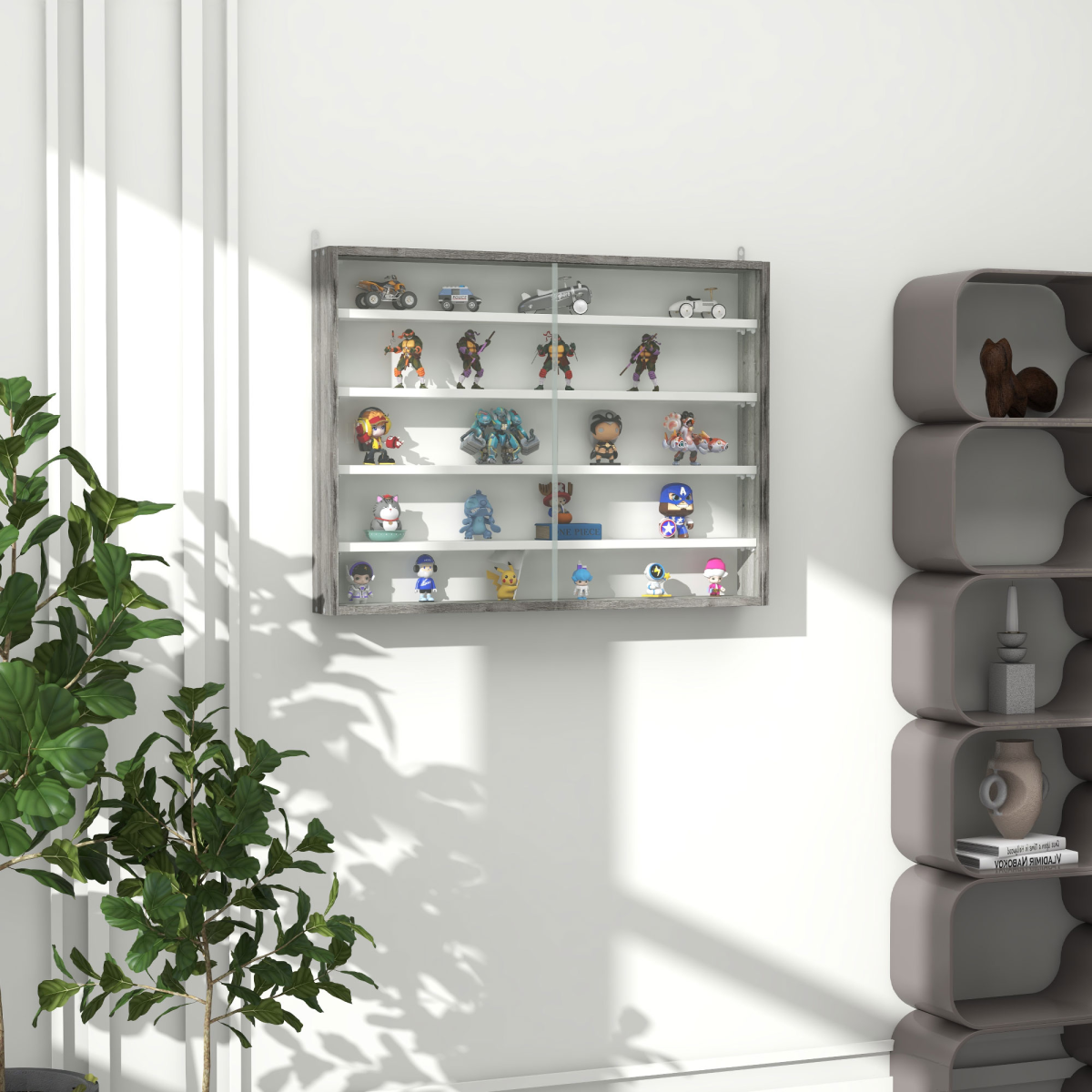 HOMCOM 5-Tier Wall Display Cabinet with Glass Doors & Adjustable Shelves – Space-Saving Wall Storage, Grey