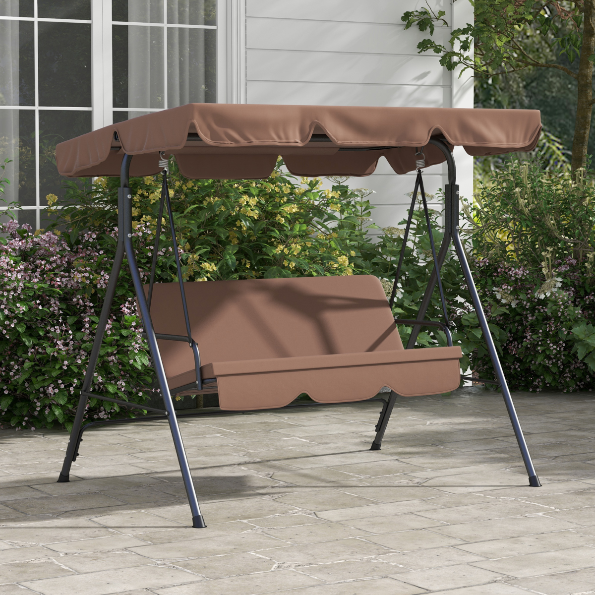 Outsunny 3-Person Outdoor Porch Swing Chair with Cushioned Seat and Adjustable Canopy – Garden Swing, Brown