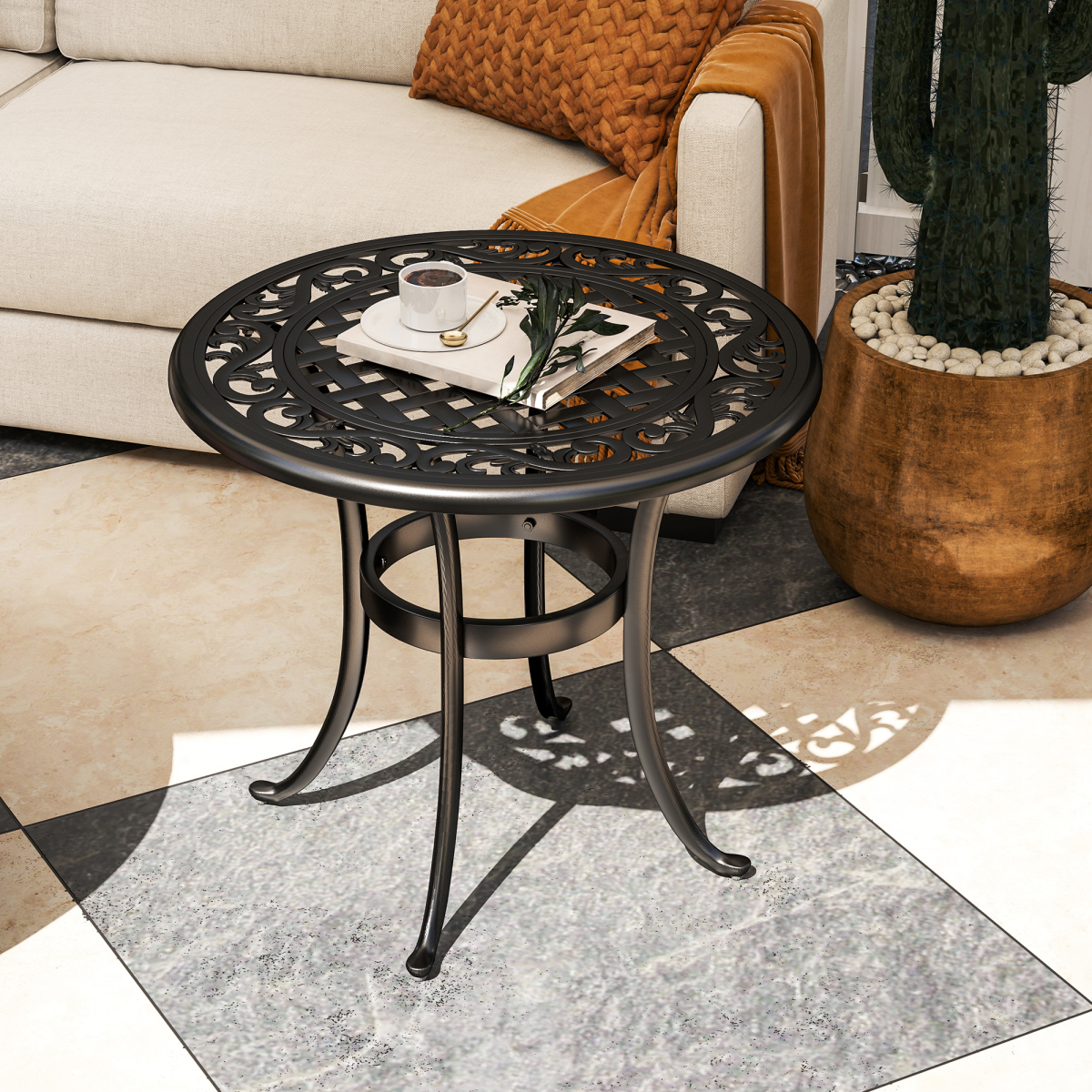 Outsunny Cast Aluminium Garden Side Table with Adjustable Footpads, 60kg Capacity – Outdoor Patio Table, Black