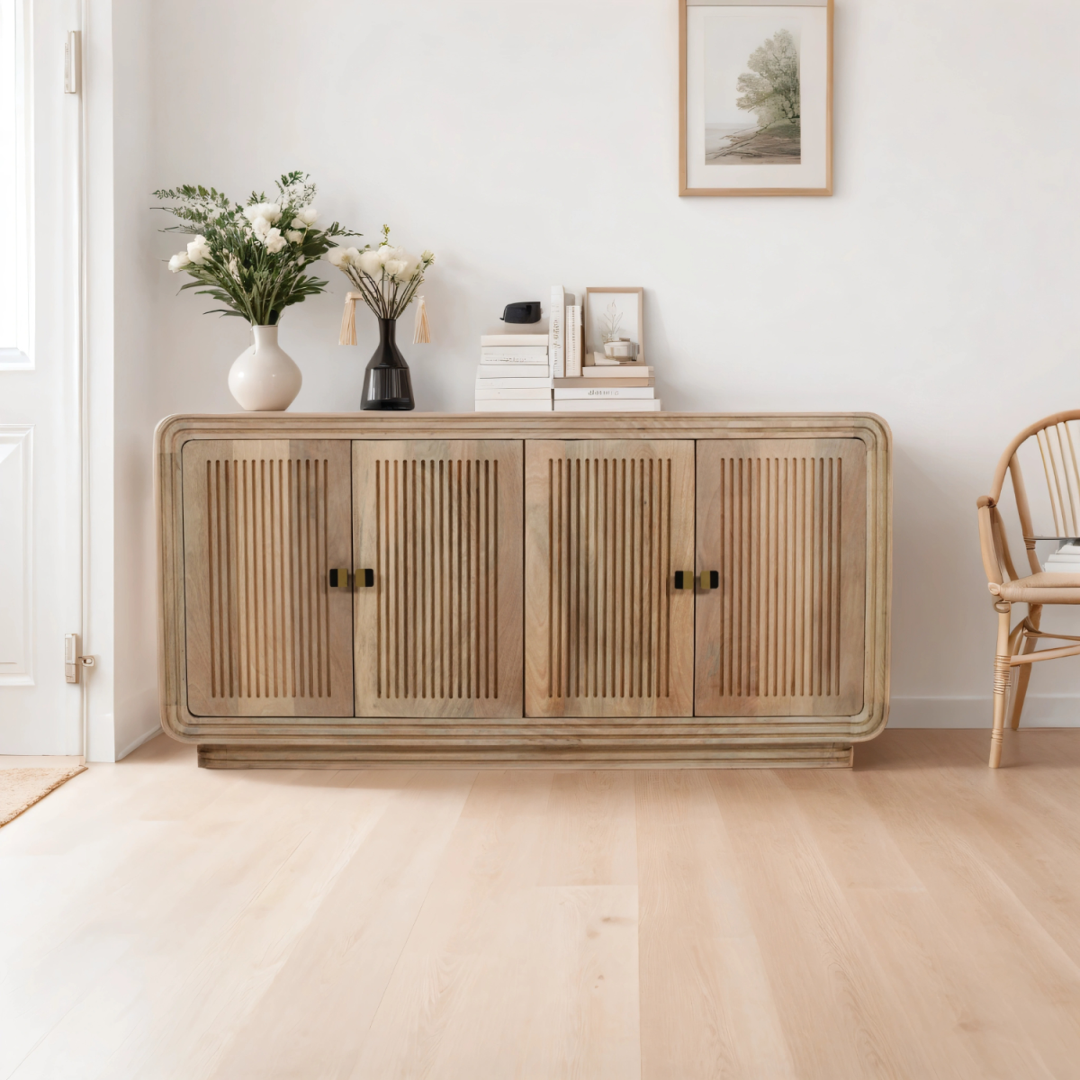 Indian Hub Hudson Carved Mango Wood 4 Door Large Sideboard – Hand-Crafted Storage Cabinet