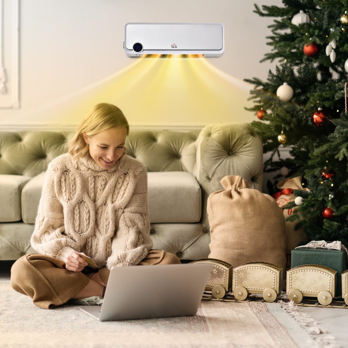 HOMCOM Wall Mounted Downflow Ceramic Heater with 12h Timer, Remote Control and 30° Oscillation – 1000W/2000W
