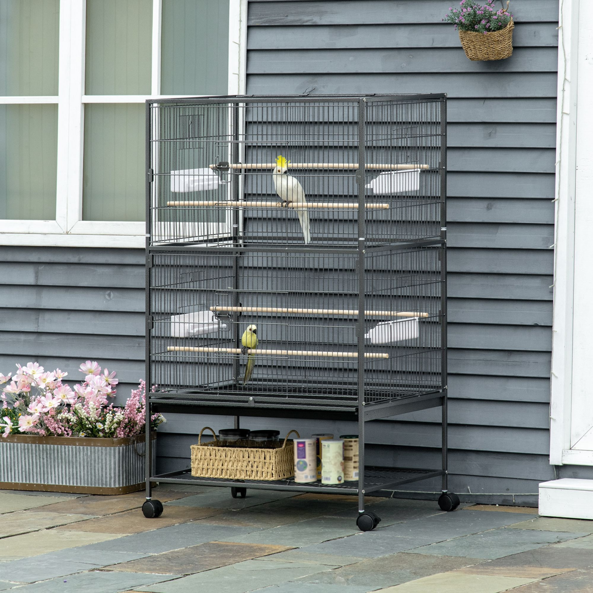 Bird Cage Aviary for Budgies and Canaries with Rolling Stand and Slide-Out Tray – Perches and Food Cups, Grey