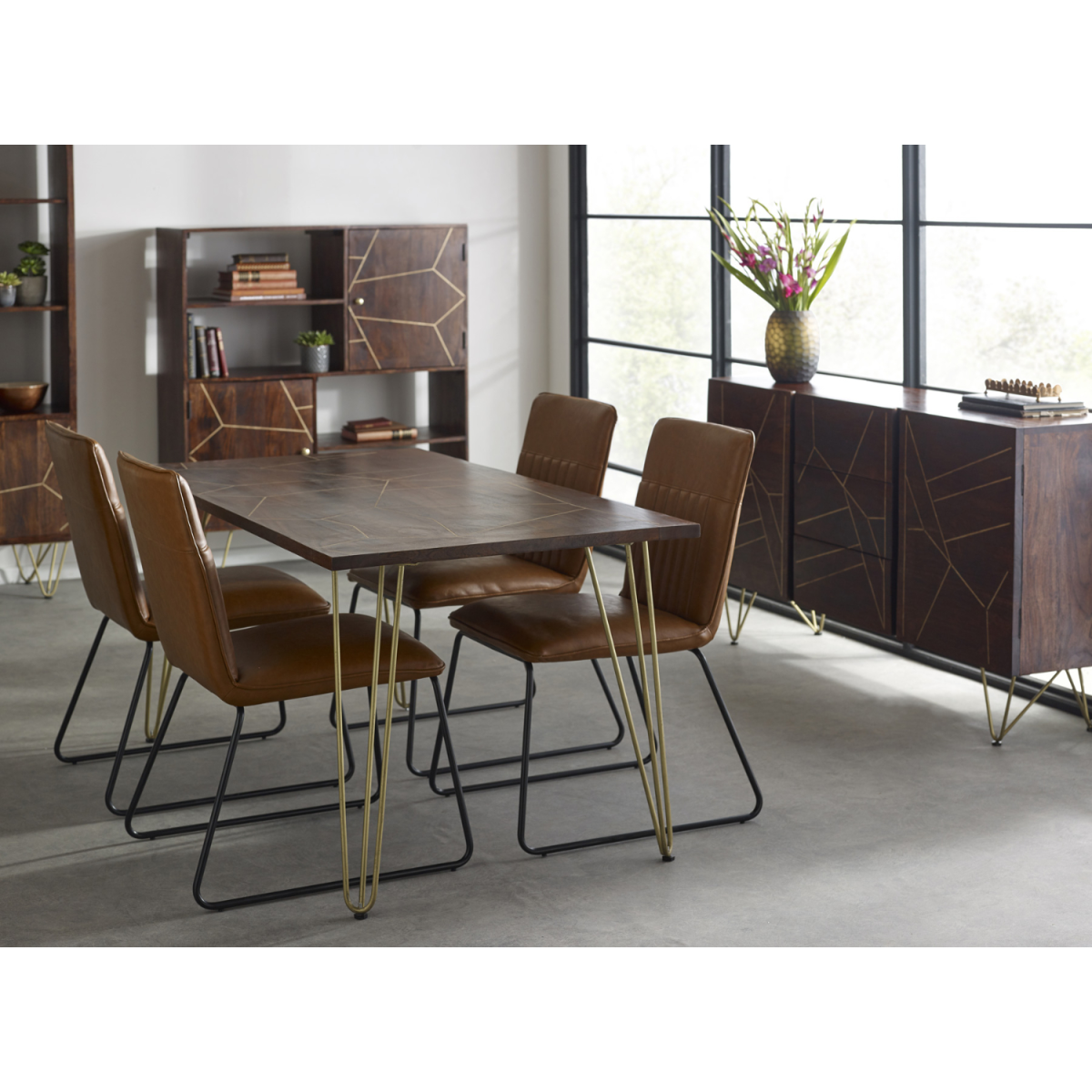 Solid Wood Dining Table with Dark Gold Metal Inlay – Modern Dining Room Centrepiece