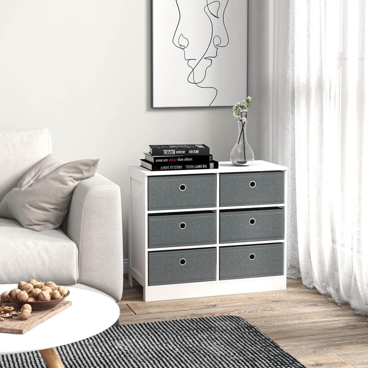 HOMCOM Chest of 6 Fabric Drawers – Bedroom, Office and Hallway Storage Cabinet, White and Grey