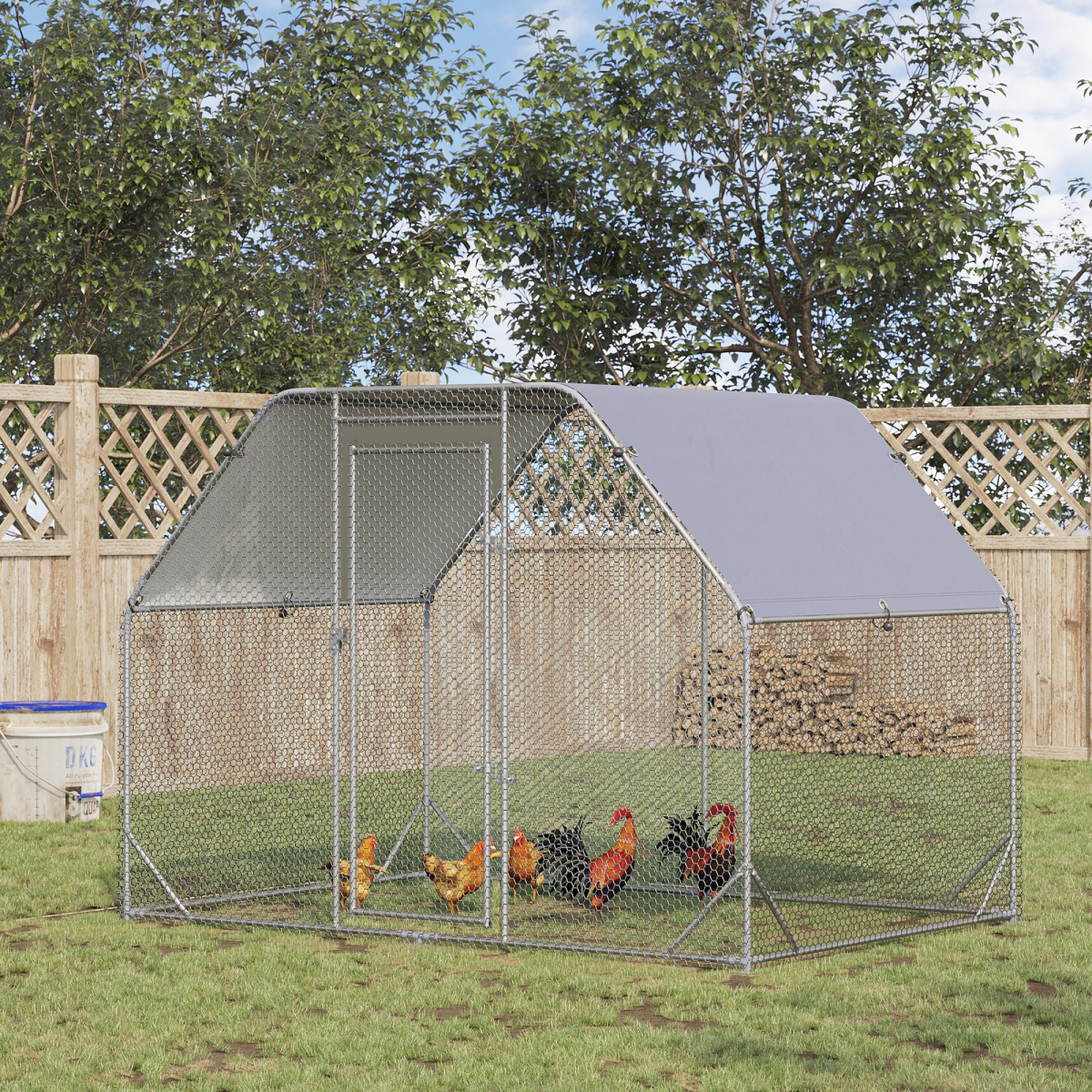 PawHut Walk-In Chicken Run with Roof Cover, Galvanised Steel Coop for 4-6 Chickens – 2.8m Hen House