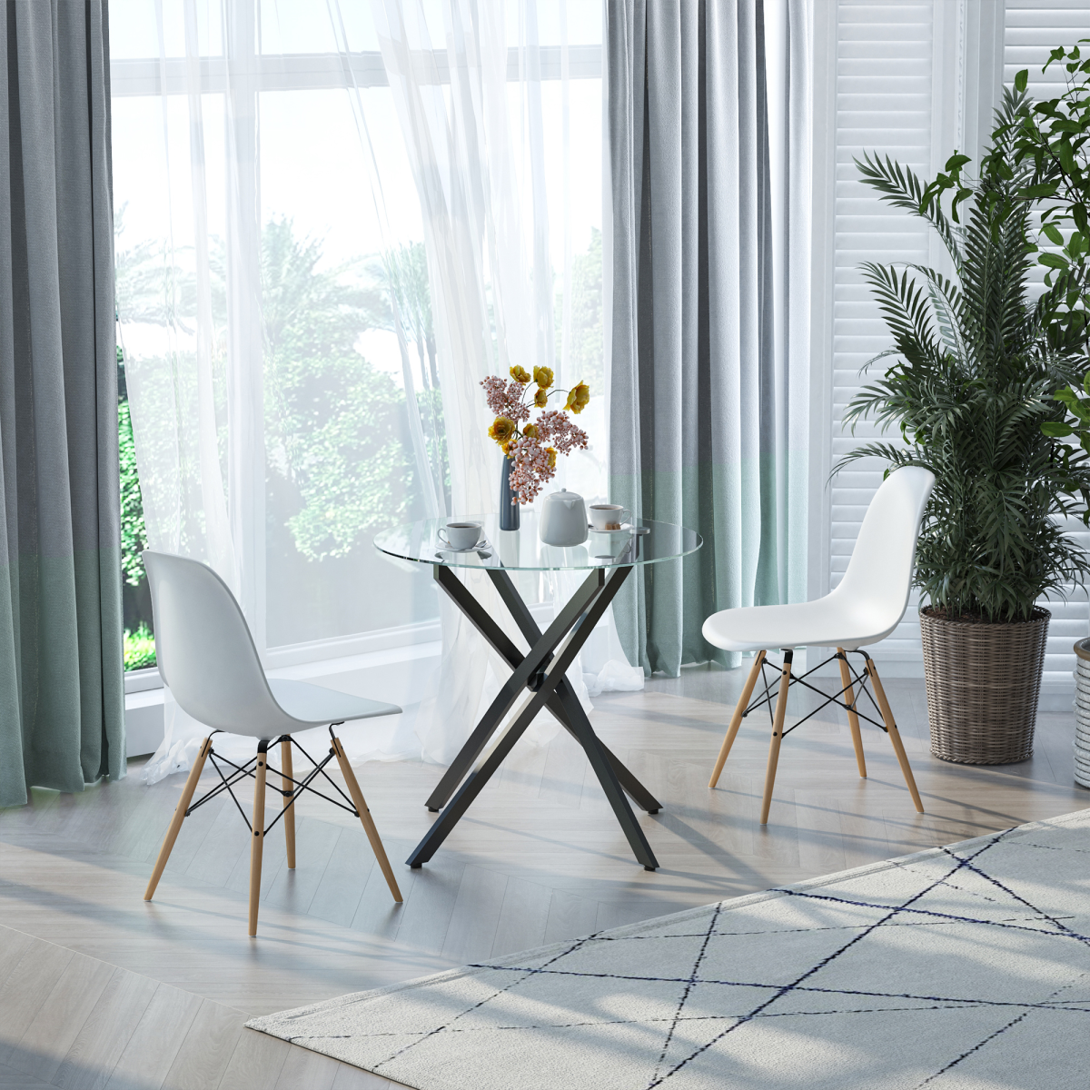 HOMCOM Round Clear Glass Side Table with Crossed Black Metal Legs – Modern Living Room and Bedroom Table