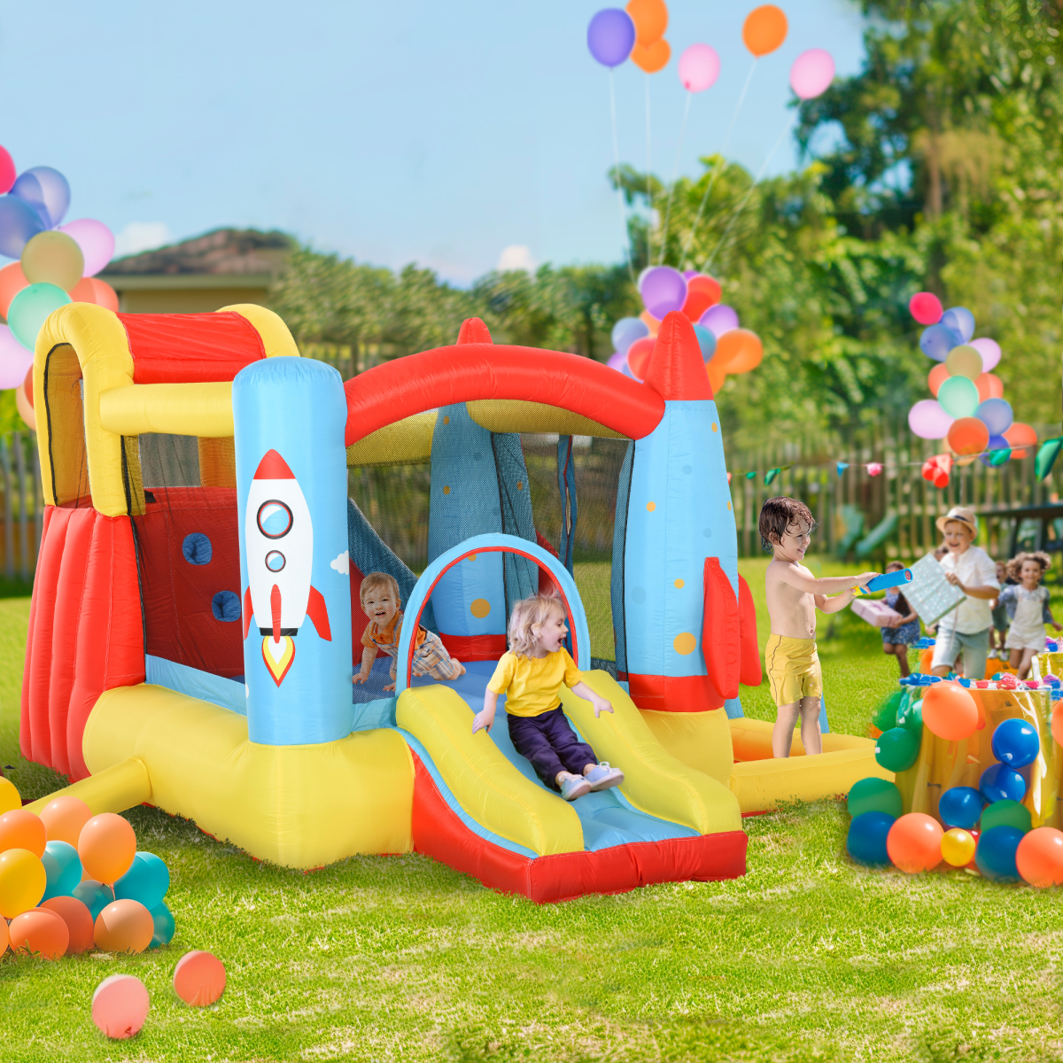 Rocket-Themed Bouncy Castle with Two Slides, Splash Pool, Trampoline & Climbing Wall – Garden Inflatable