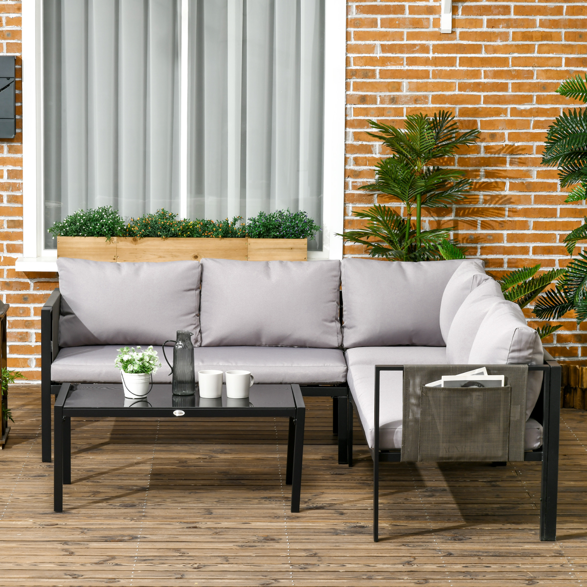 Outsunny 4-Piece Garden Furniture Set with Two Loveseats, Corner Seat & Glass-Top Table – Steel Frame, Light Grey