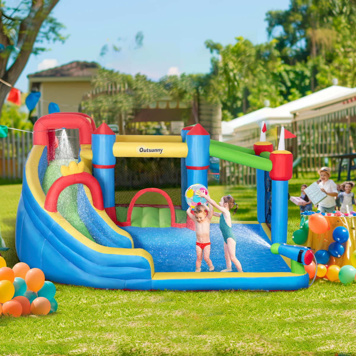 Outsunny 6-in-1 Kids Inflatable Bouncy Castle with Water Slide, Water Gun & 450W Air Blower – Garden Fun