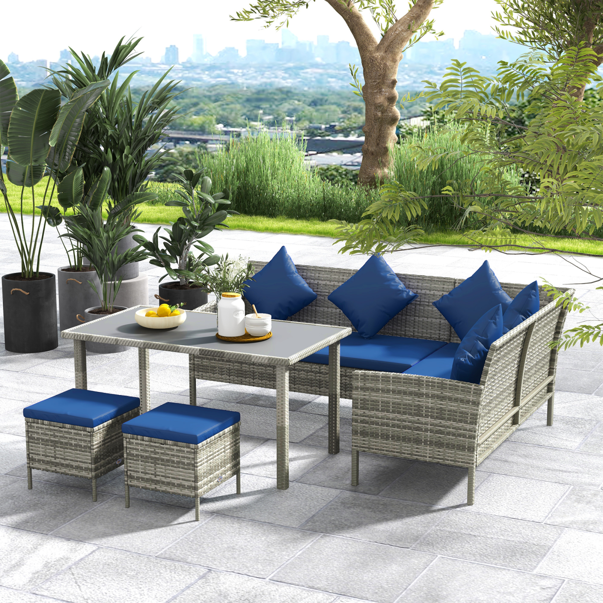Outsunny 5-Piece Rattan Dining Corner Sofa Set with Glass Table and Footstools – Garden Furniture, Dark Blue