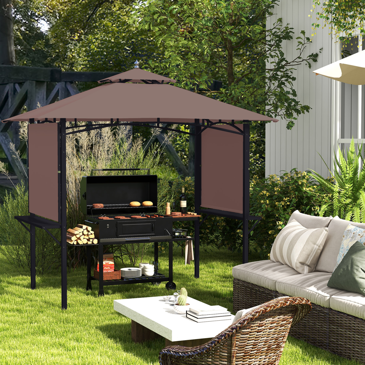 Outsunny BBQ Canopy Tent 250x150x250cm with Flame-Retardant Roof & Side Awnings – Grill Shelter