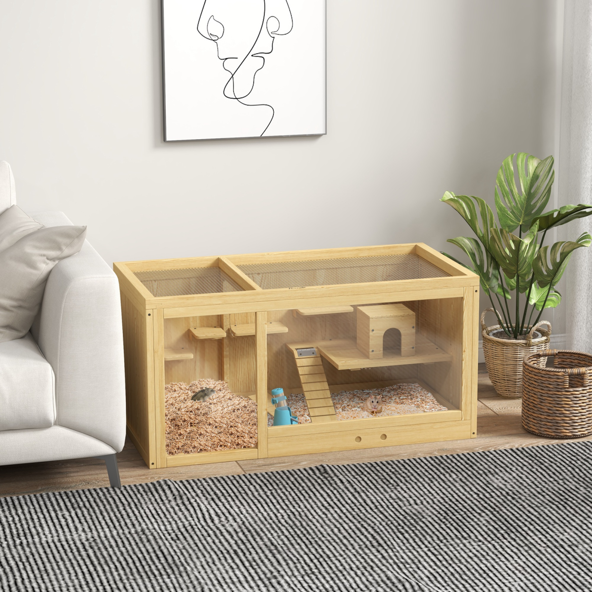 PawHut Wooden Hamster Cage with Water Bottle, Platforms, Seesaw & Openable Roof – Dwarf Hamster Habitat
