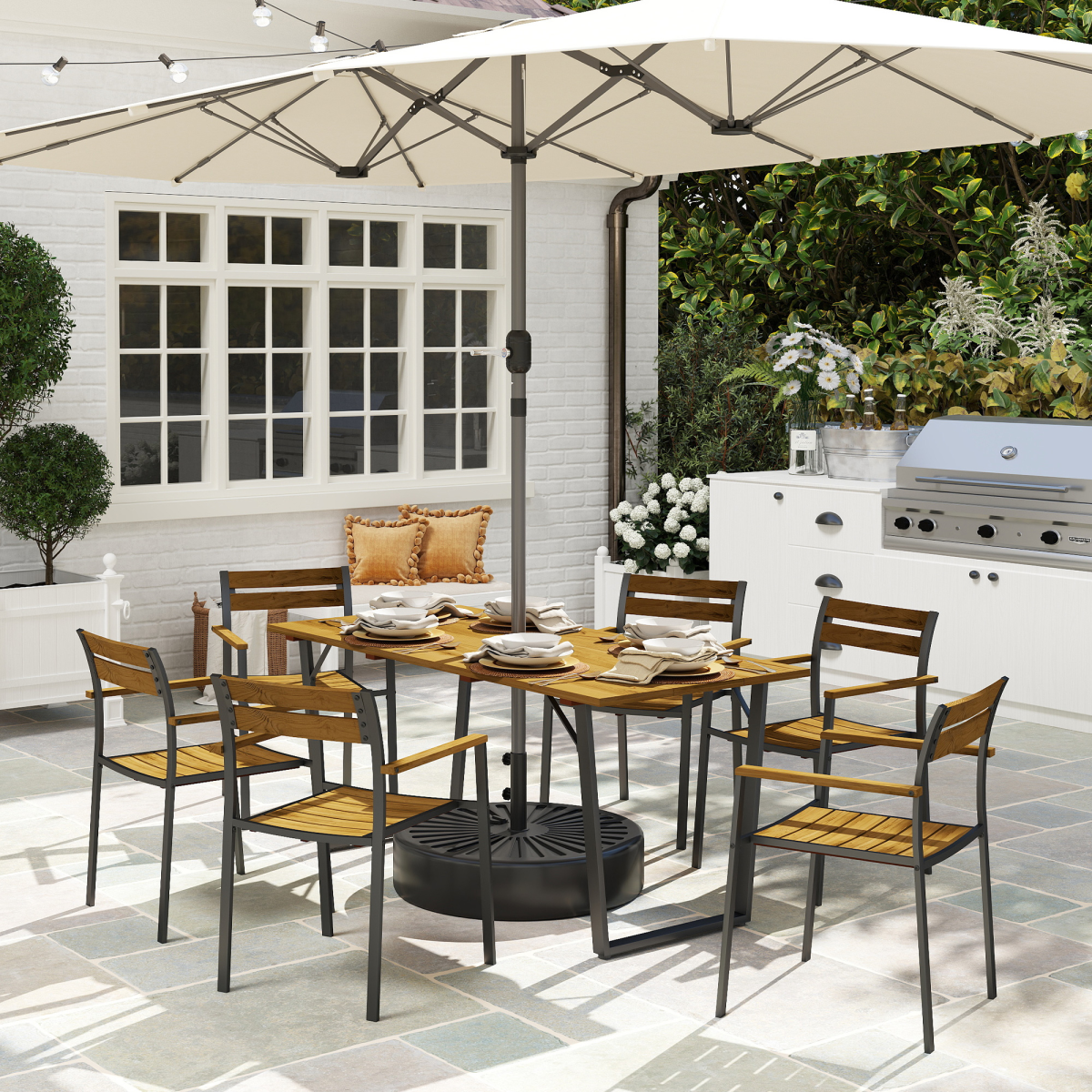 Outsunny 7 Piece Garden Dining Set with Table & 6 Stackable Chairs, Parasol Hole – Steel & Fir Wood, Brown