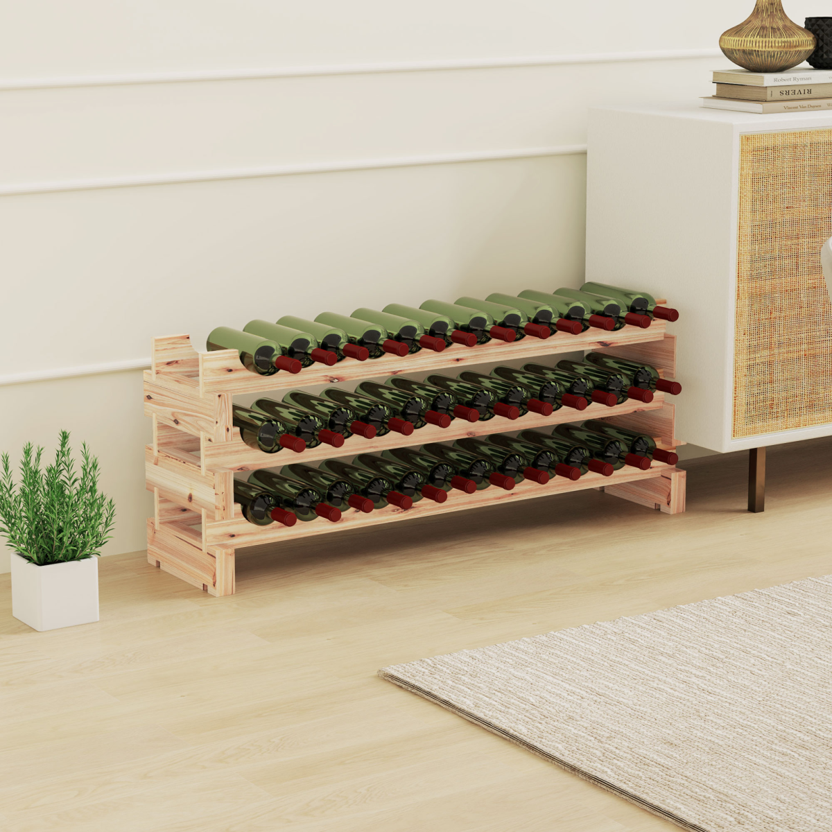 HOMCOM 36 Bottle Fir Wood Wine Rack, Three Tiers – Freestanding Kitchen & Dining Room Storage
