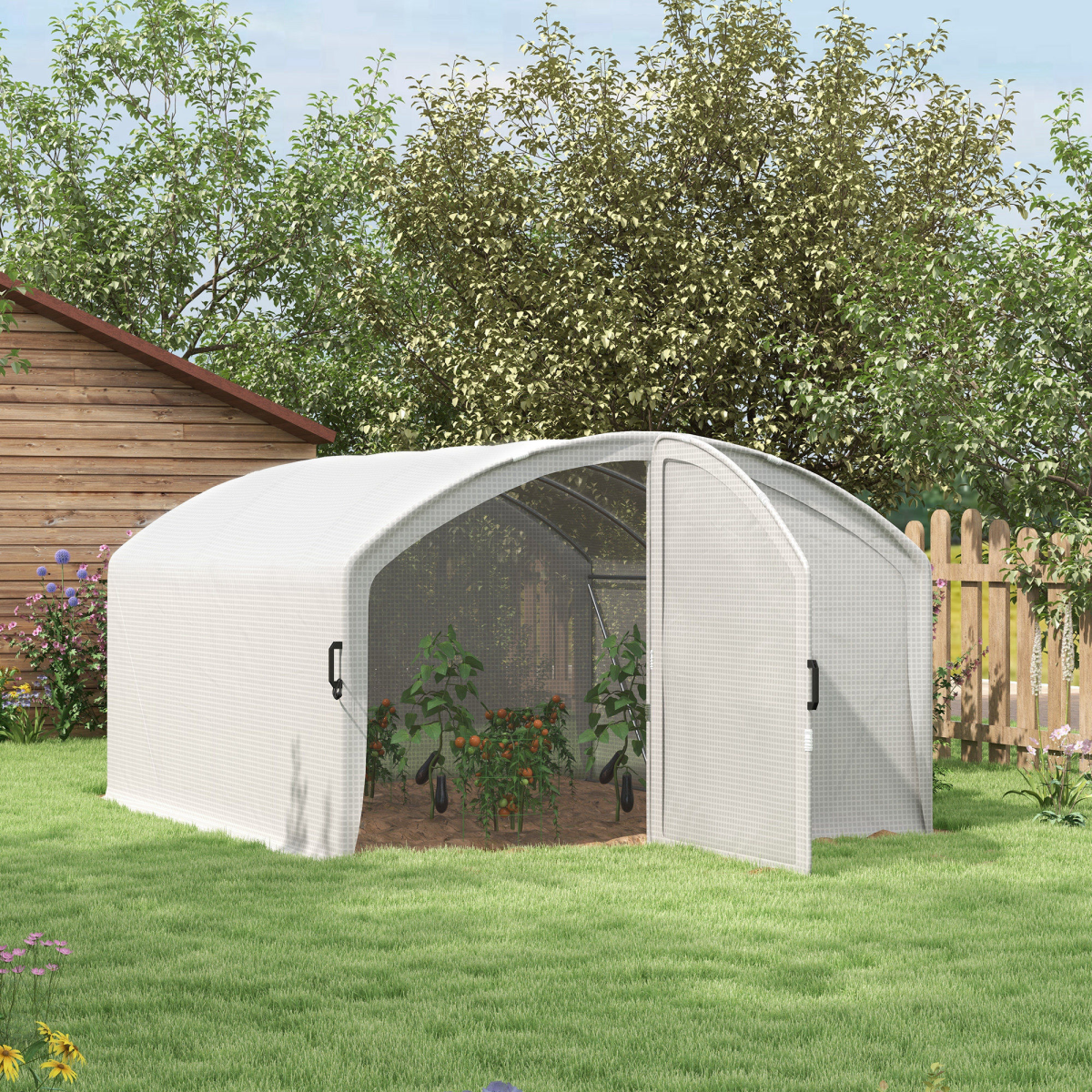 Outsunny 4 x 3 x 2m Polytunnel Greenhouse with Hinged Door & UV PE Cover – Galvanised Steel Frame, White