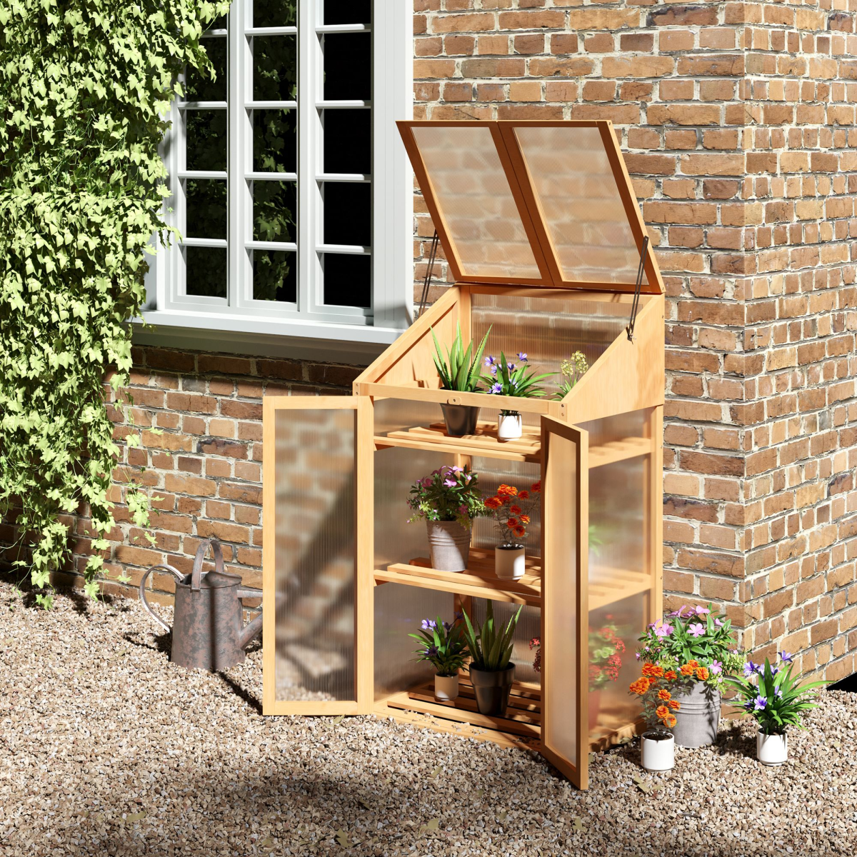 Outsunny Wooden Cold Frame Greenhouse with Polycarbonate Panels, Top Windows & 3 Shelves – 70x50x120cm, Brown