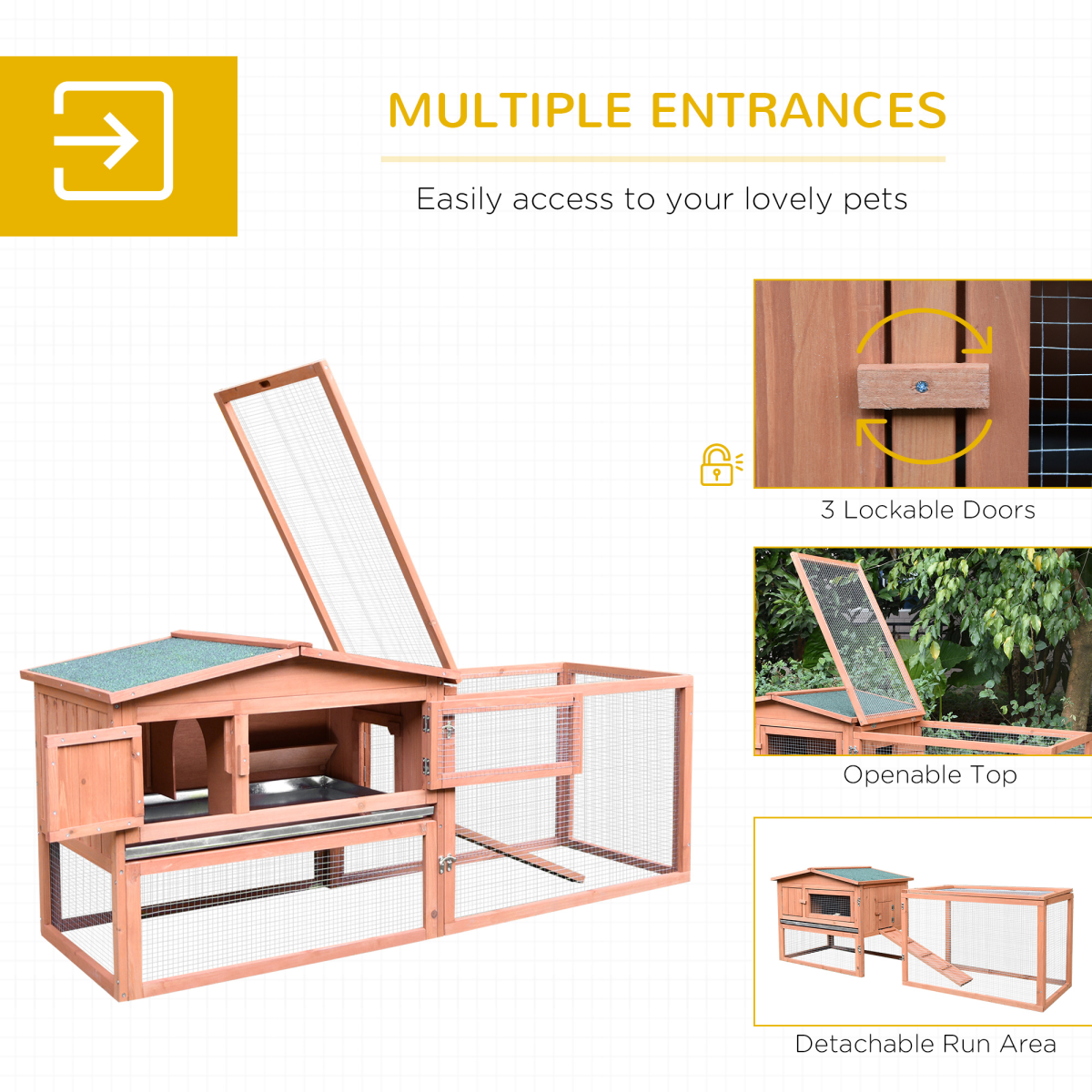 Wooden Rabbit Hutch with Detachable Run, Ramp, Asphalt Roof & Slide-Out Tray – Outdoor Small Animal Cage, Natural