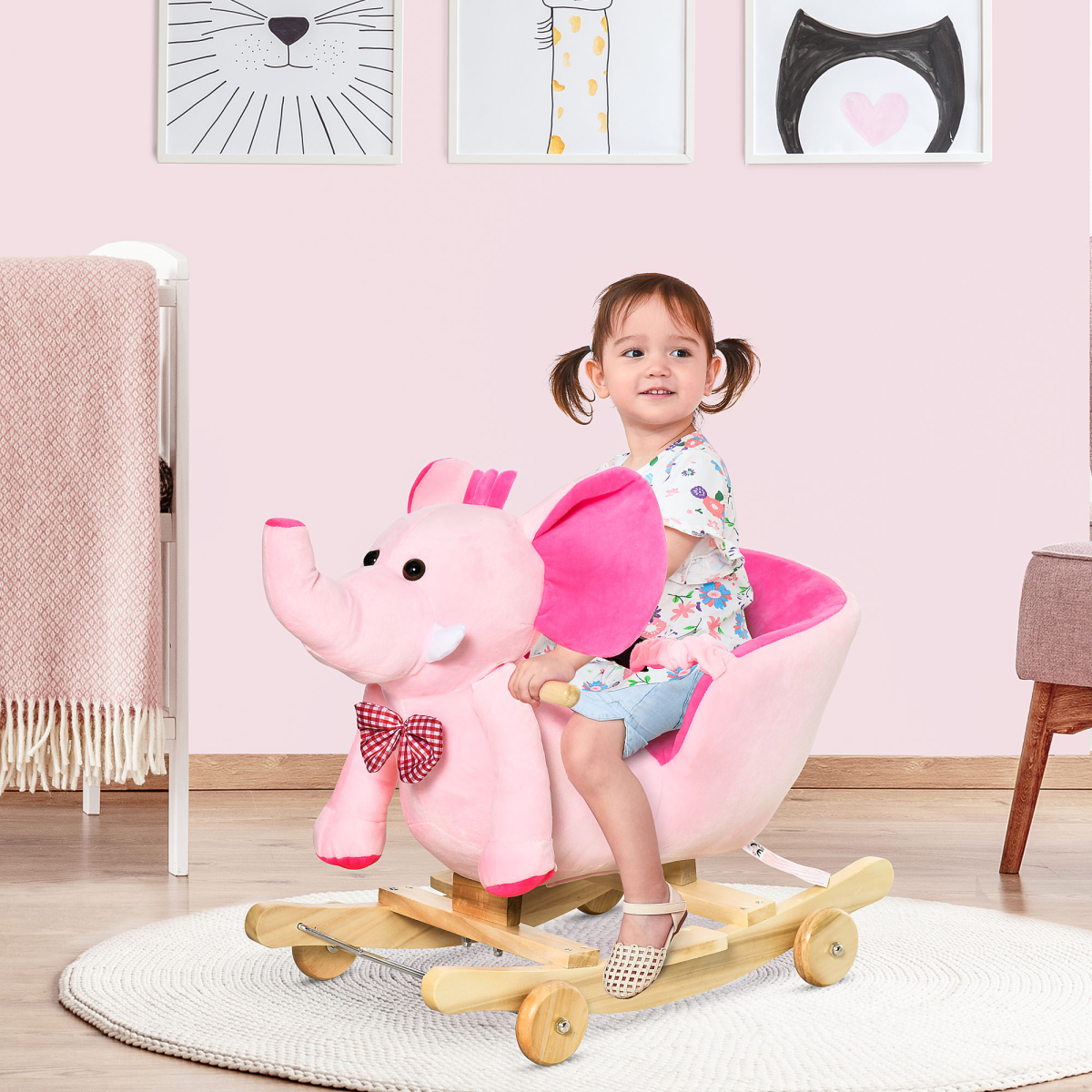 HOMCOM 2-in-1 Baby Rocking Elephant Ride-On with Wheels and 32 Nursery Rhymes – Toddler Rocker, Pink